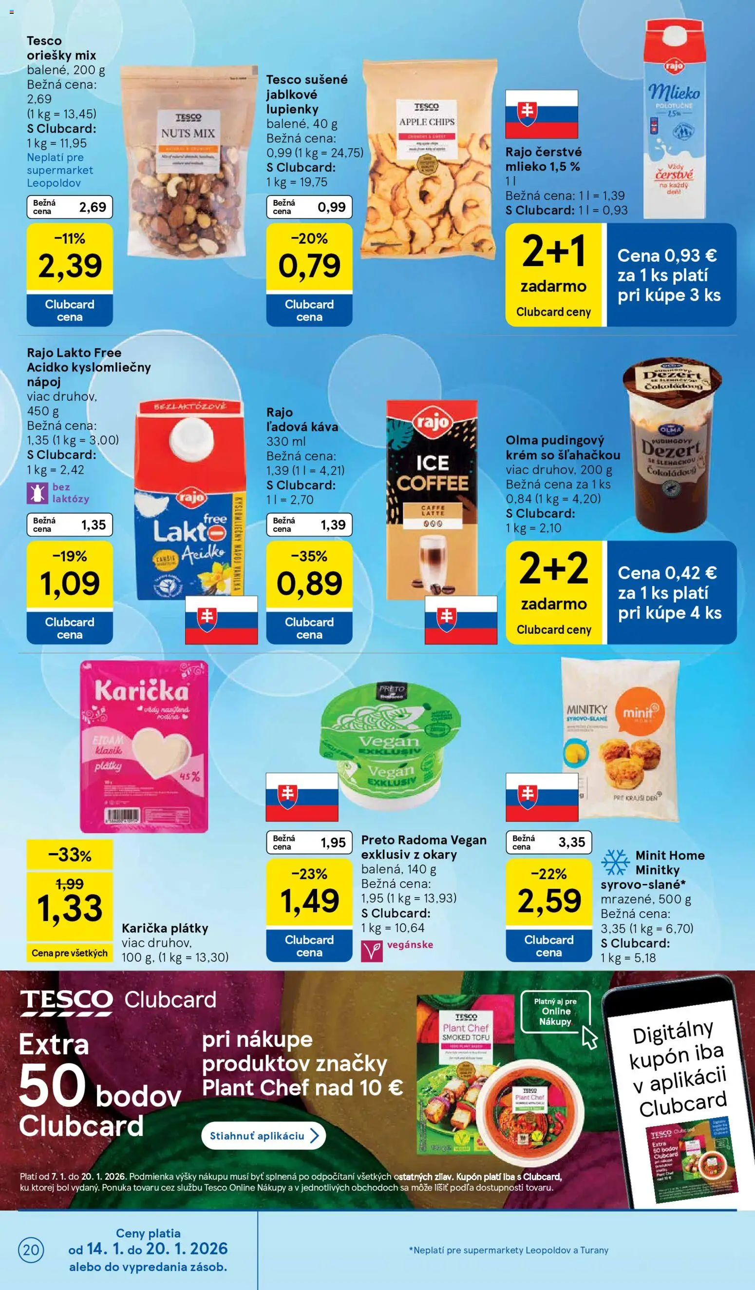 Nové Tesco akcie – leták je platný od 14.01.2026 | Strana: 20 | Produkty: Mlieko, Káva, Eidam, Apple