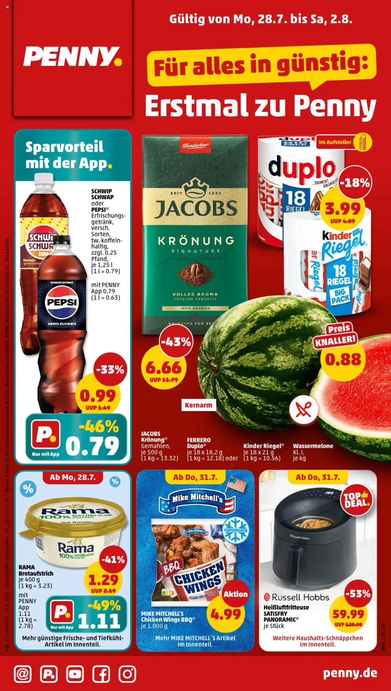 Penny Prospekt 	 - gültig ab dem 28.07.2025 | Seite: 1 | Produkte: Rama, Kinder riegel, Pepsi, Heißluftfritteuse