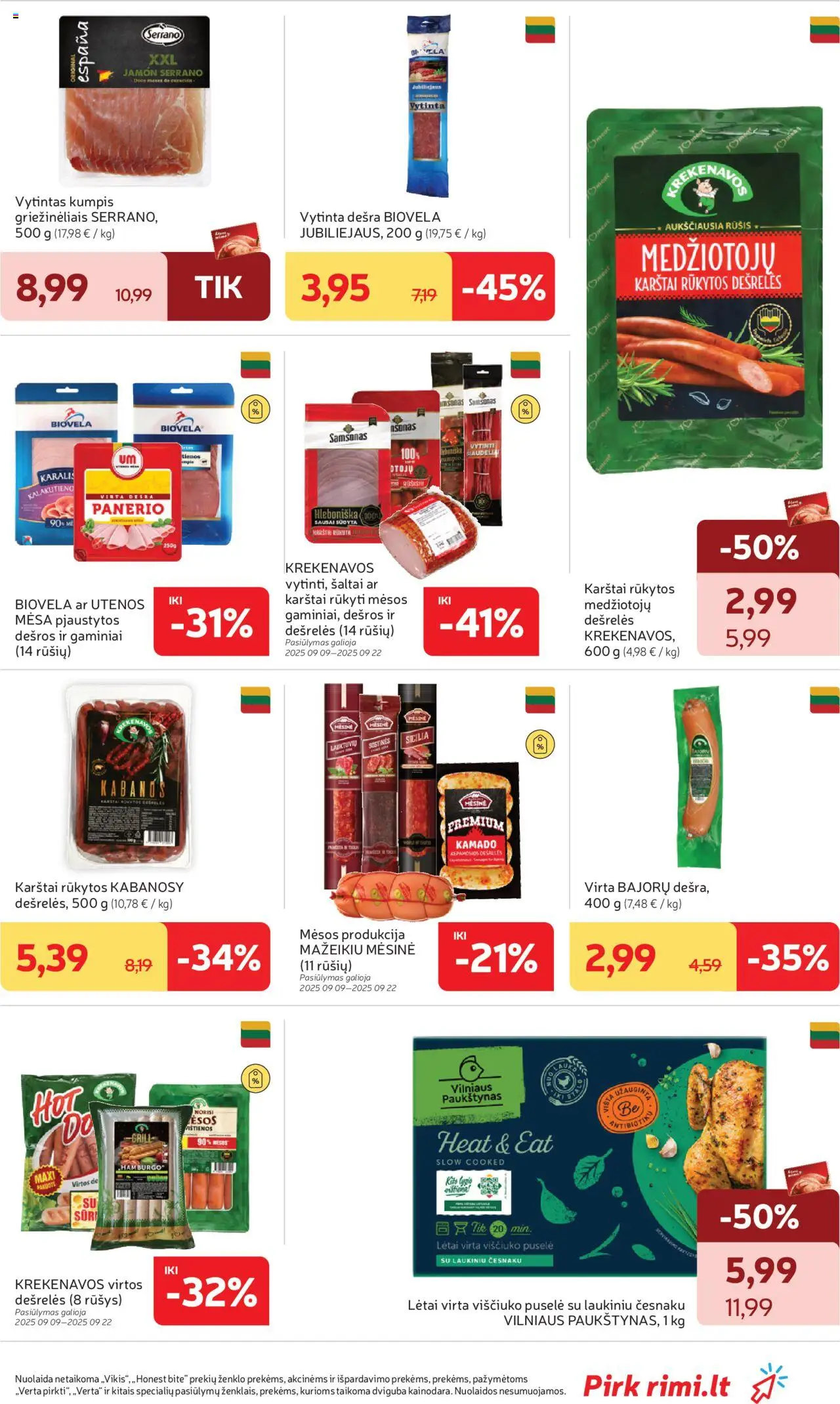 Rimi akcijos nuo 09.09.2025 | Puslapis: 17 | Prekių: Dešrelės, Kumpis, Dešra, Vytintas kumpis