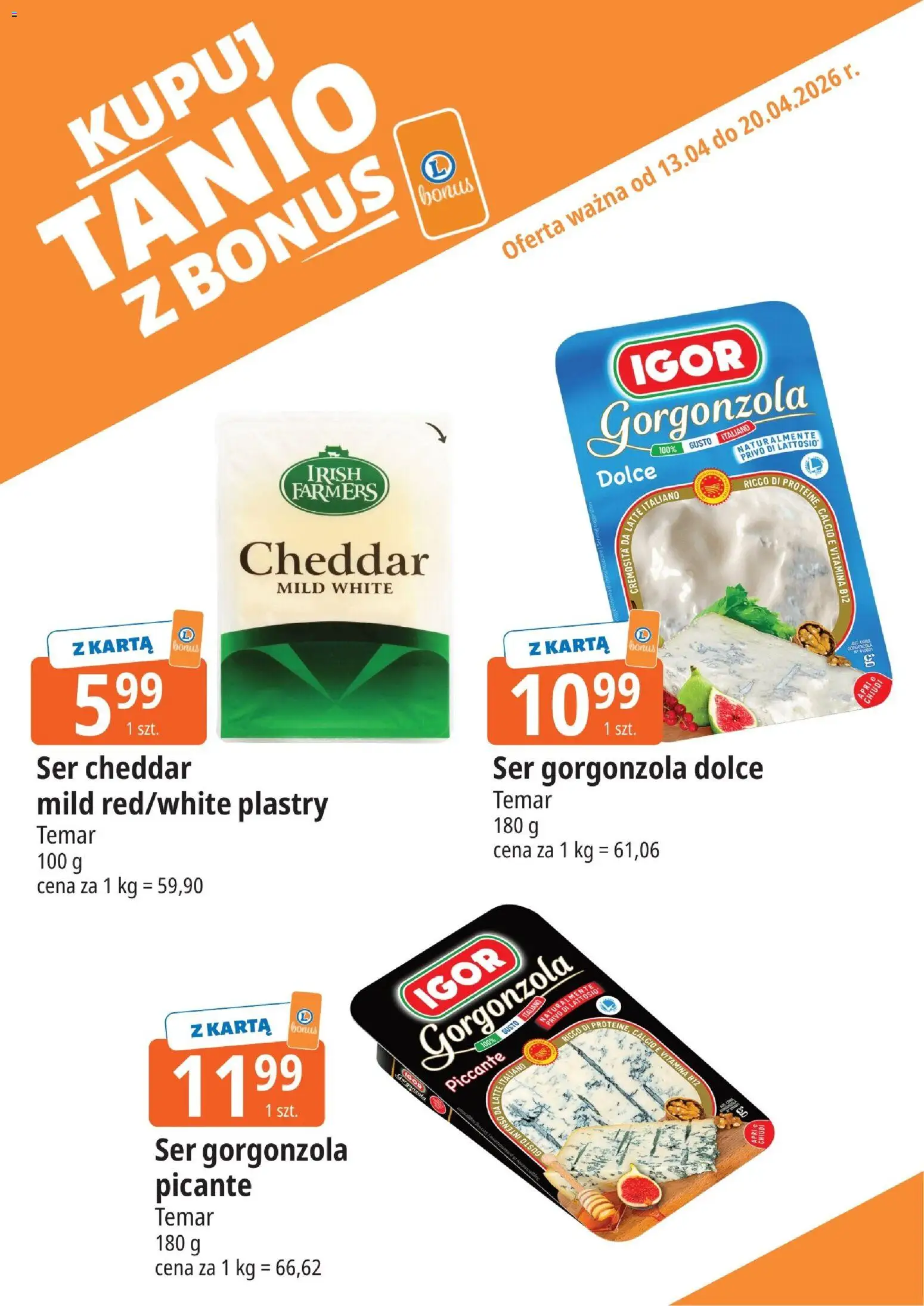 E.Leclerc gazetka - Radom kupony dodatkowe od 13.04.2026 | Strona: 5 | Produkty: Karta, Ser, Gorgonzola, Ser cheddar