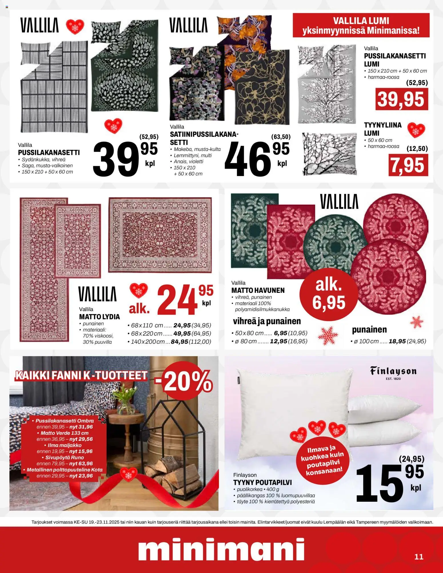 Minimani tarjoukset – voimassa 19.11.2025 alkaen | Sivu: 11 | Tuotteet: Pussilakanasetti, Matto, Maljakko, Tyynyliina