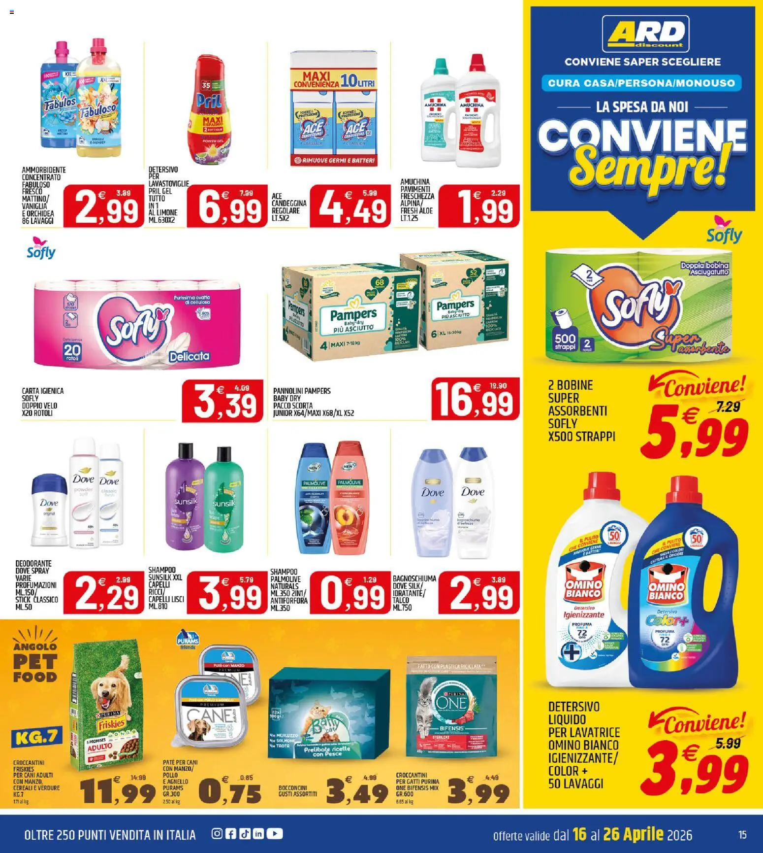 Volantino ARD Discount del 16.04.2026 | Pagina: 15 | Prodotti: Pannolini, Carta igienica, Ammorbidente, Lavastoviglie