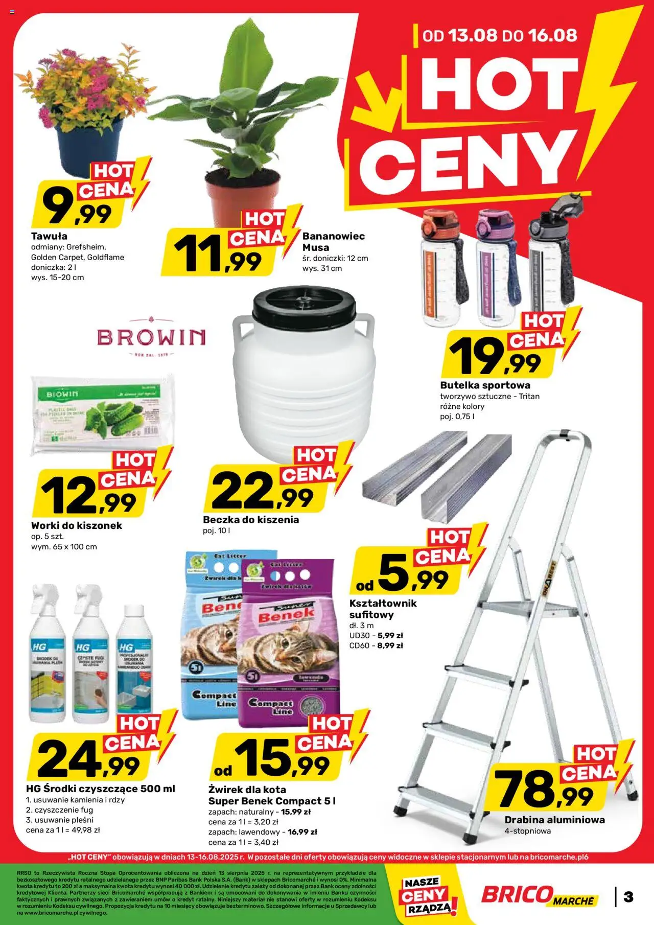 Brico Marché Gazetka od 13.08.2025 | Strona: 3 | Produkty: Żwirek dla kota, Drabina, Zapach, Doniczki