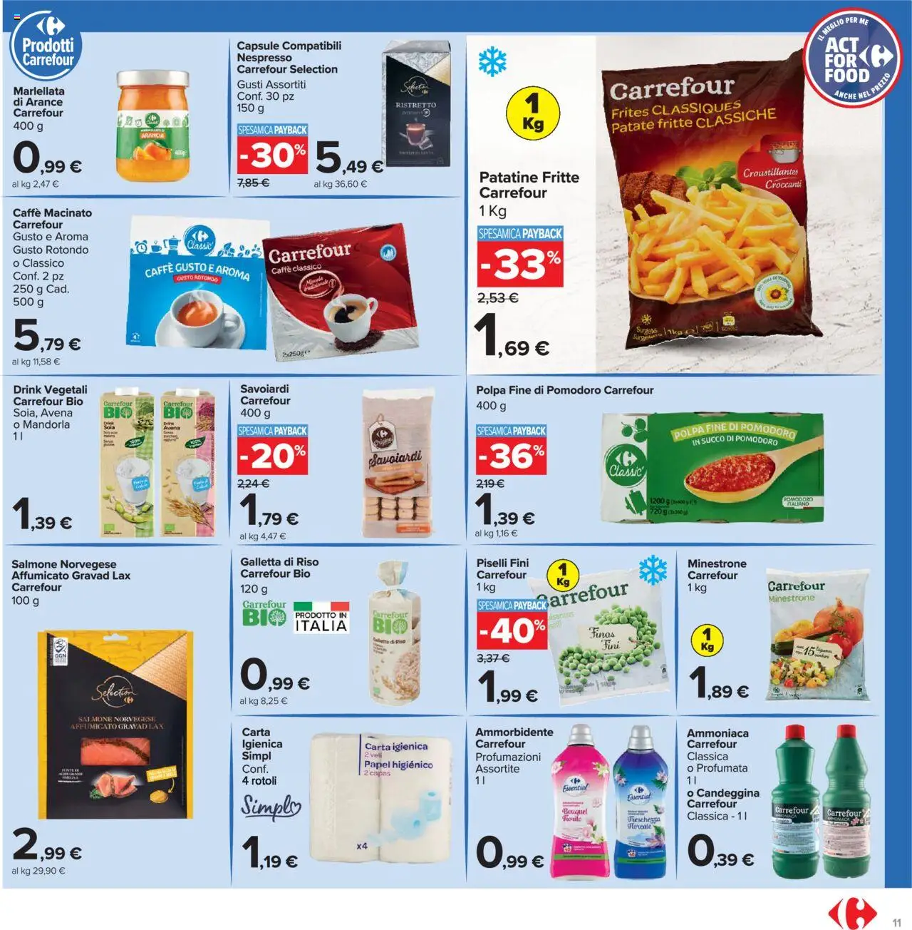 Volantino Carrefour del 20.10.2025 | Pagina: 11 | Prodotti: Succo, Piselli, Savoiardi, Macinato