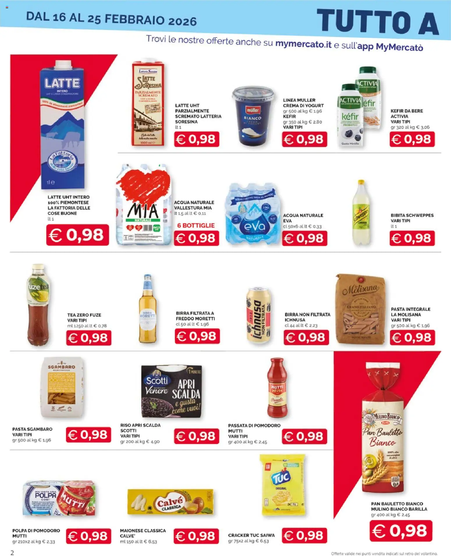 Volantino Mercatò del 16.02.2026 | Pagina: 2 | Prodotti: Acqua, Latte, Pasta, Mutti