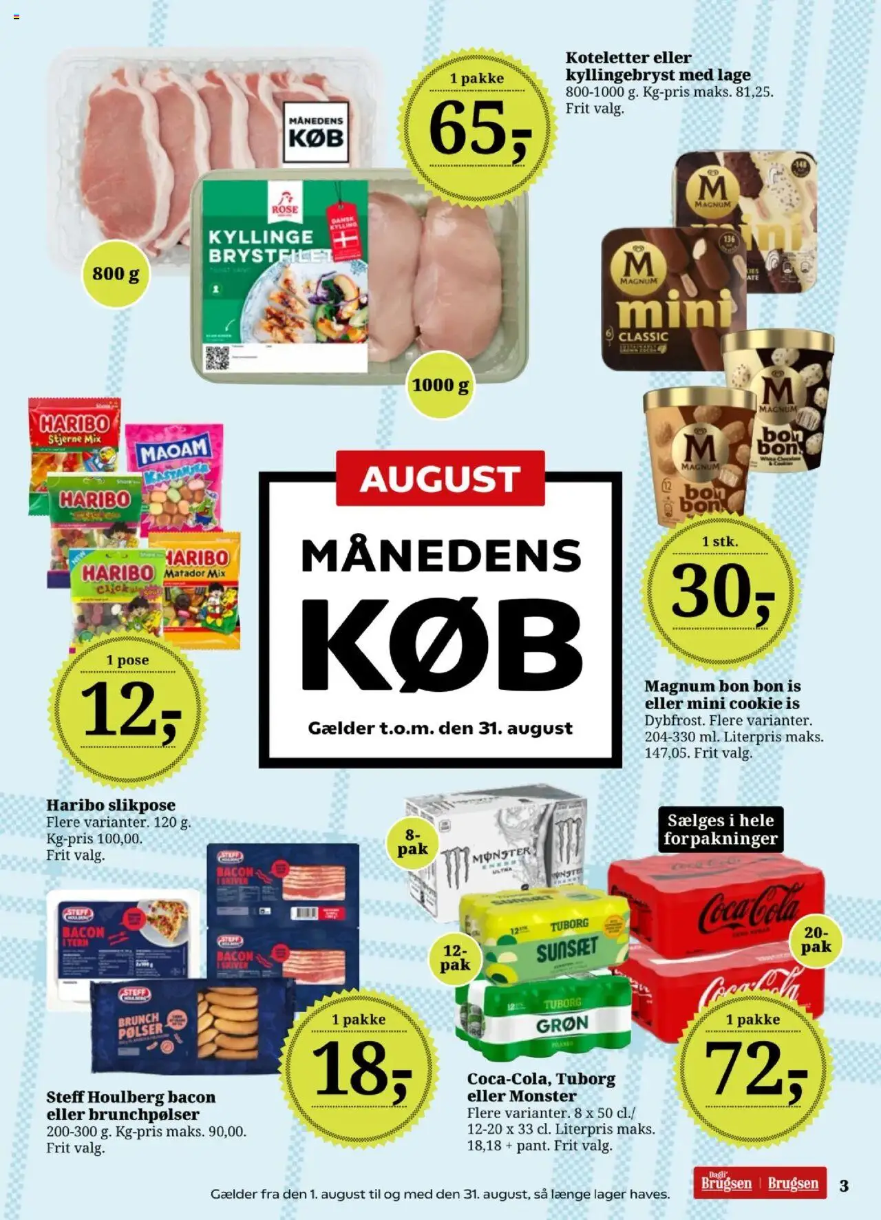 Dagli'Brugsen Tilbudsavis gyldig fra 15.08.2025 | Side: 3 | Produkter: Pølser, Koteletter, Coca Cola, Bacon