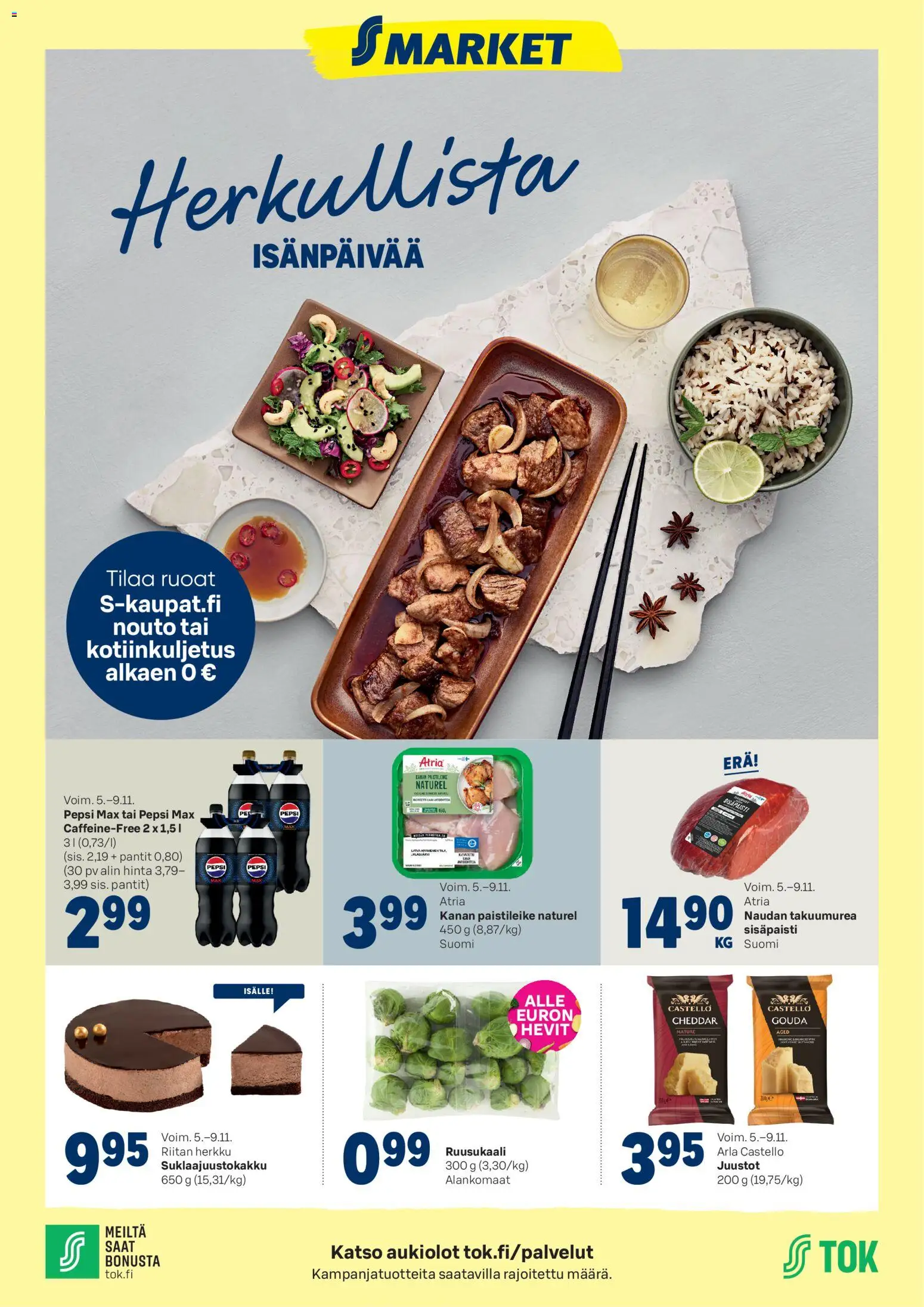 S-market tarjoukset – voimassa 05.11.2025 alkaen | Sivu: 1 | Tuotteet: Ruusukaali, Cheddar, Pepsi
