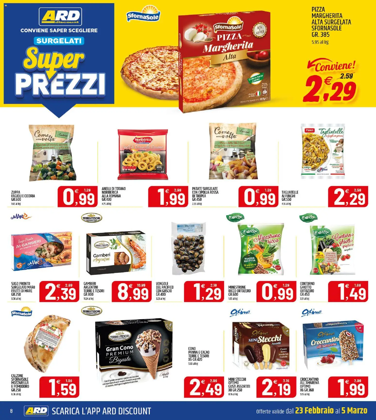 Volantino ARD Discount del 23.02.2026 | Pagina: 8 | Prodotti: Pizza, Verdure, Frutti di mare, Pomodoro