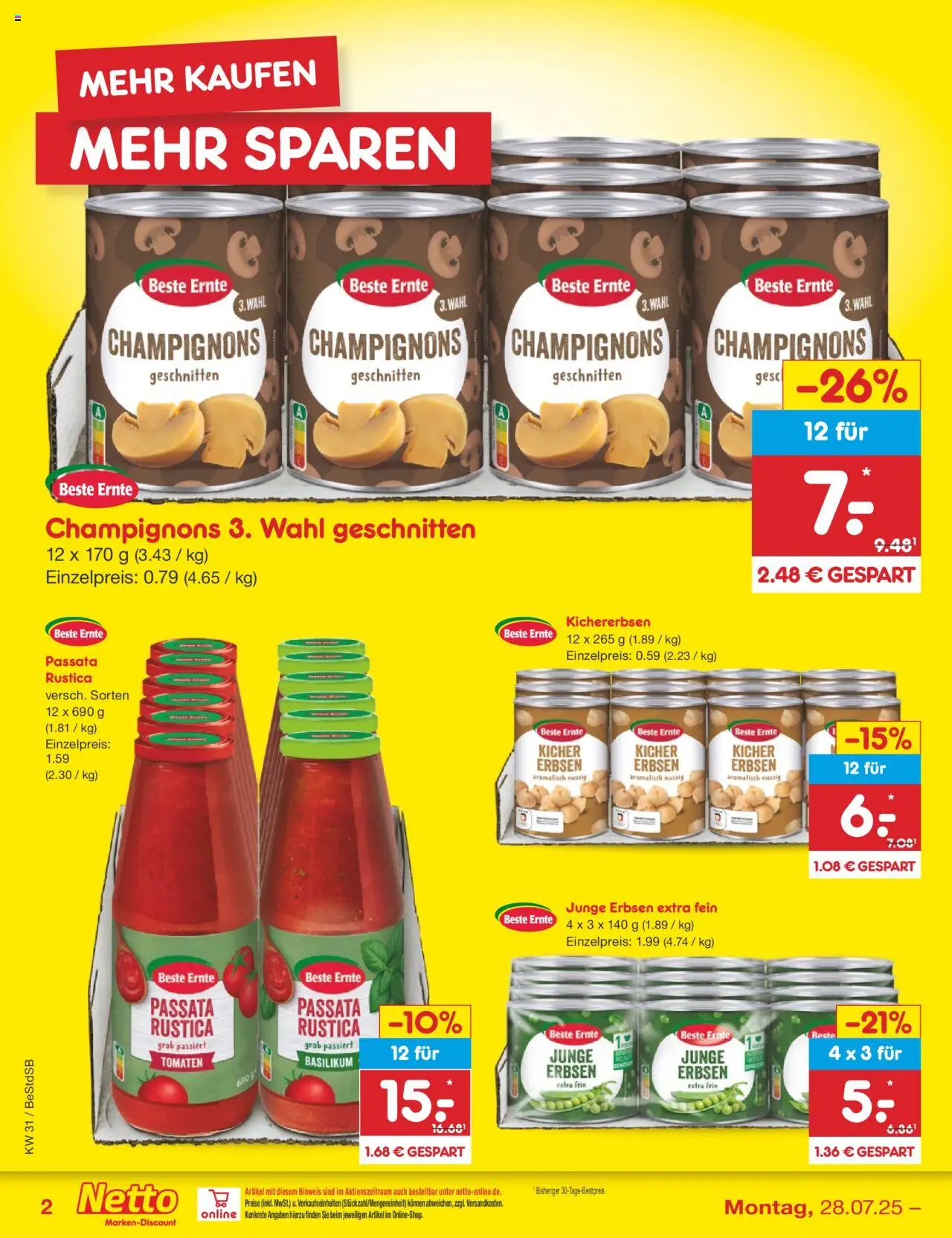 Netto Marken-Discount Prospekt 	 - gültig ab dem 28.07.2025 | Seite: 38 | Produkte: Tomaten, Champignons, Erbsen