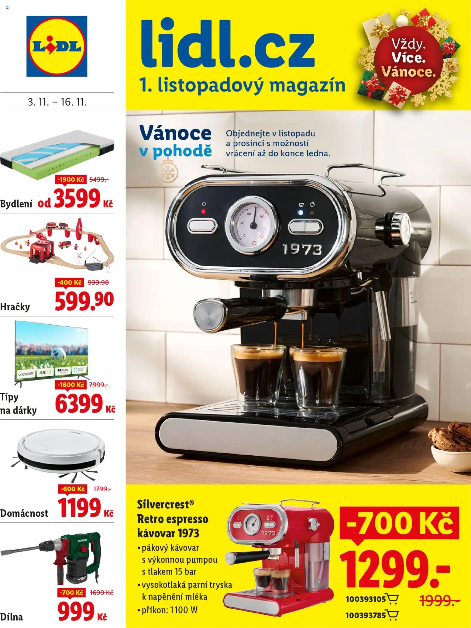 Lidl magazín od 03.11.2025 | Strana: 1 | Produkty: Pákový kávovar, Tv, Kávovar, Robot