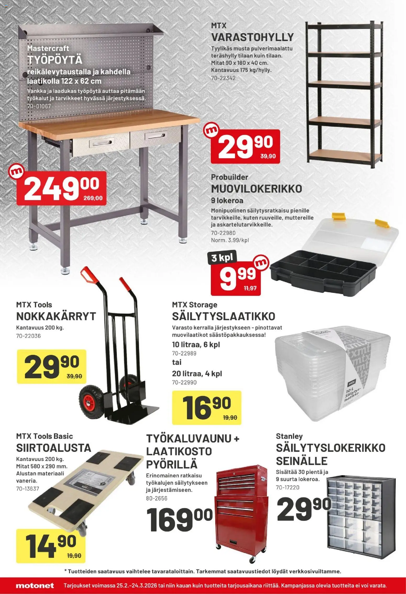 Motonet tarjoukset – voimassa 25.02.2026 alkaen | Sivu: 2 | Tuotteet: Varastohylly, Työpöytä, Laatikko, Voi