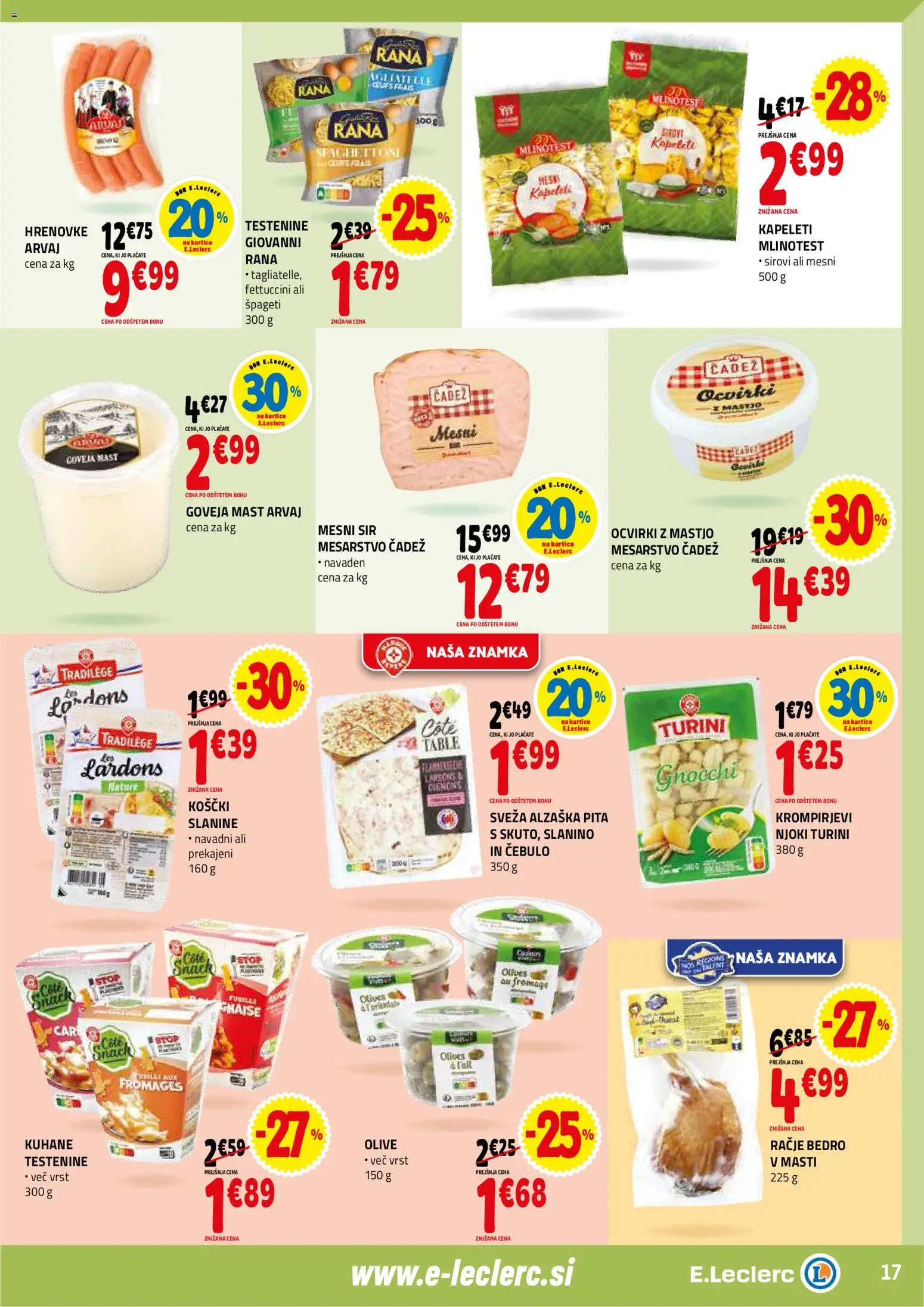 Novi E.leclerc katalog ponudbe – veljaven od 21.01.2026 | Stran: 17 | Izdelki: Hrenovke, Ocvirki, Sir, Spageti