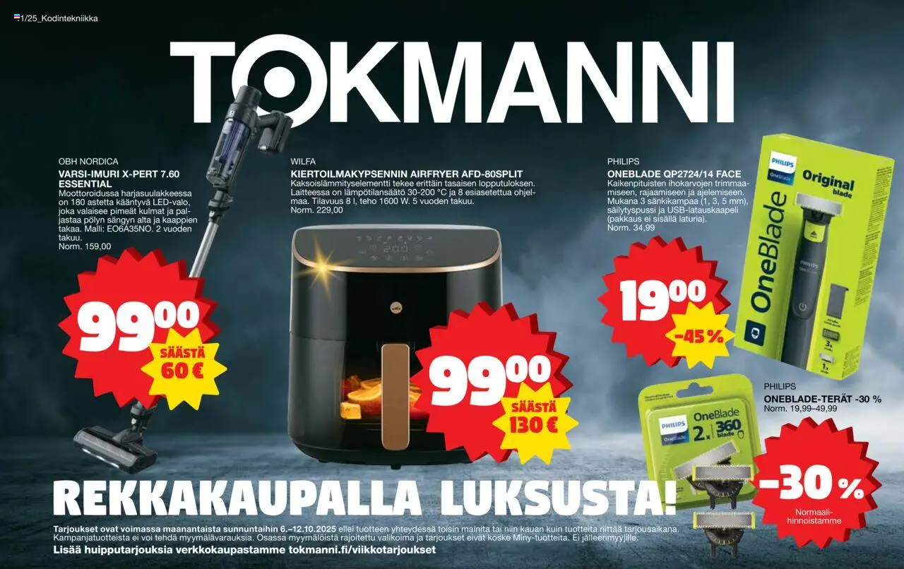 Tokmanni - Kodintekniikkaliite – voimassa 06.10.2025 alkaen | Sivu: 1 | Tuotteet: Varsi-imuri, Voi