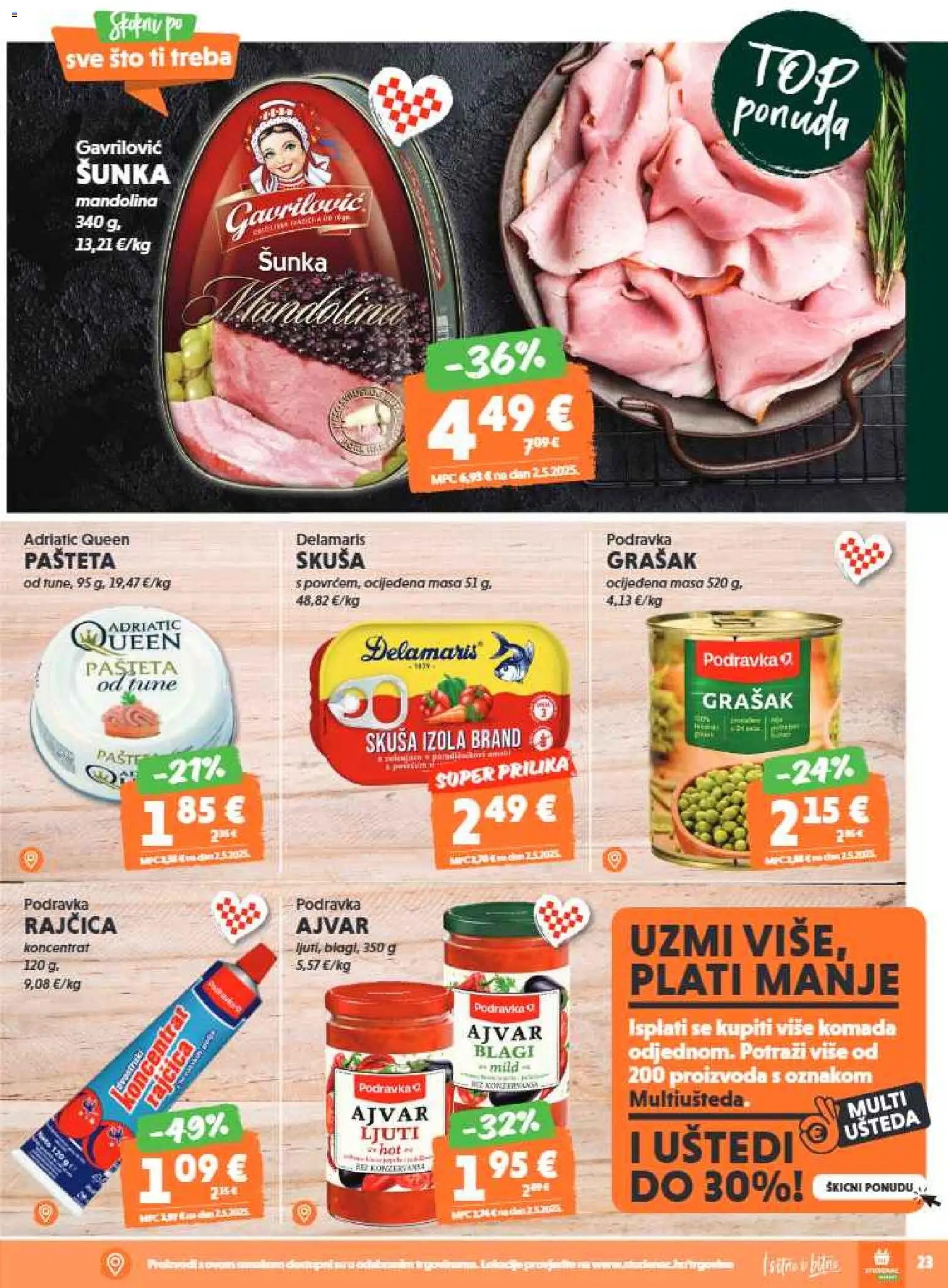 Studenac katalog | vrijedi od 25.03.2026 | Stranica: 23 | Proizvodi: Šunka, Skuša, Grašak, Rajčica