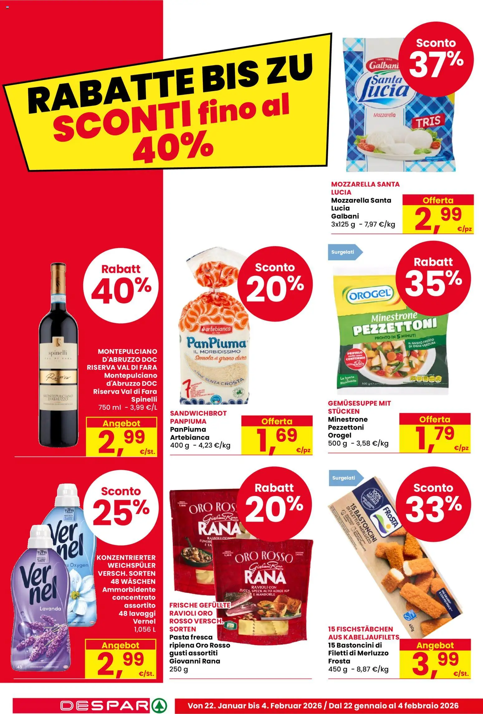 Volantino Despar del 22.01.2026 | Pagina: 4 | Prodotti: Minestrone, Ammorbidente, Merluzzo, Ravioli