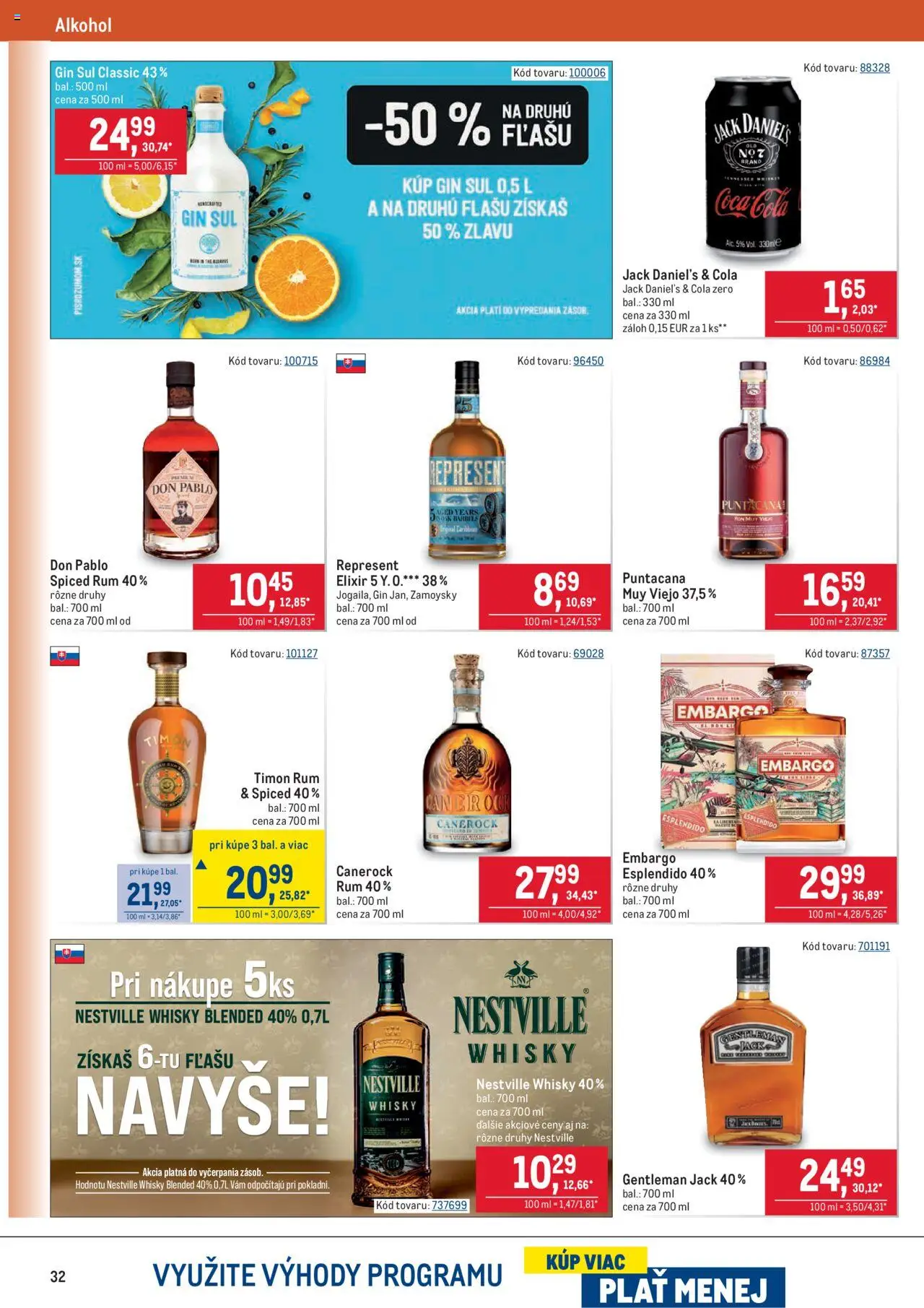 Nové Metro akcie – leták je platný od 10.09.2025 | Strana: 32 | Produkty: Gin, Alkohol, Rum, Jack Daniel's