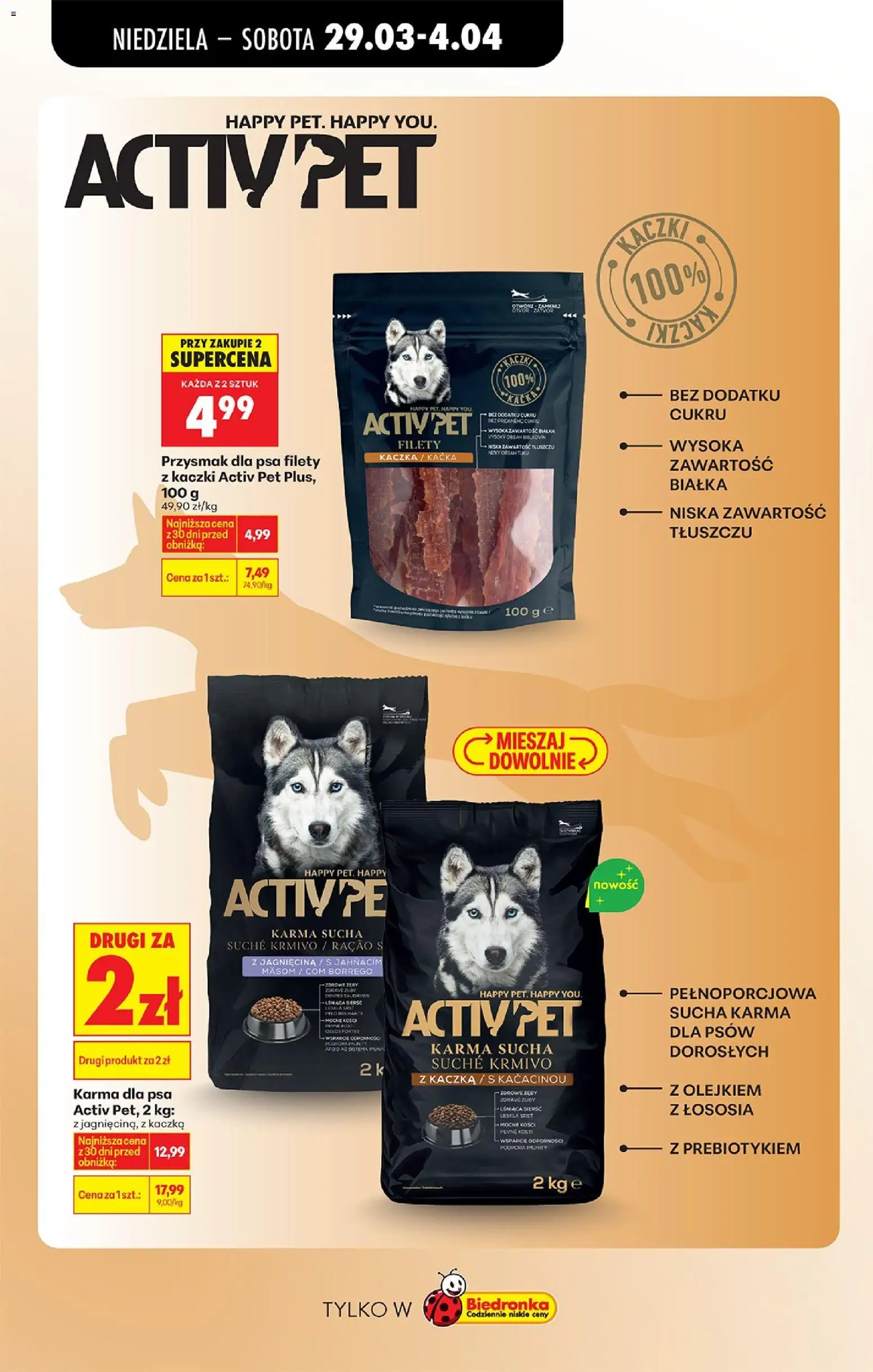 Biedronka gazetka od niedzieli od 29.03.2026 | Strona: 77 | Produkty: Kaczka, Karma dla psa, Sucha karma dla psa, Karma dla psów