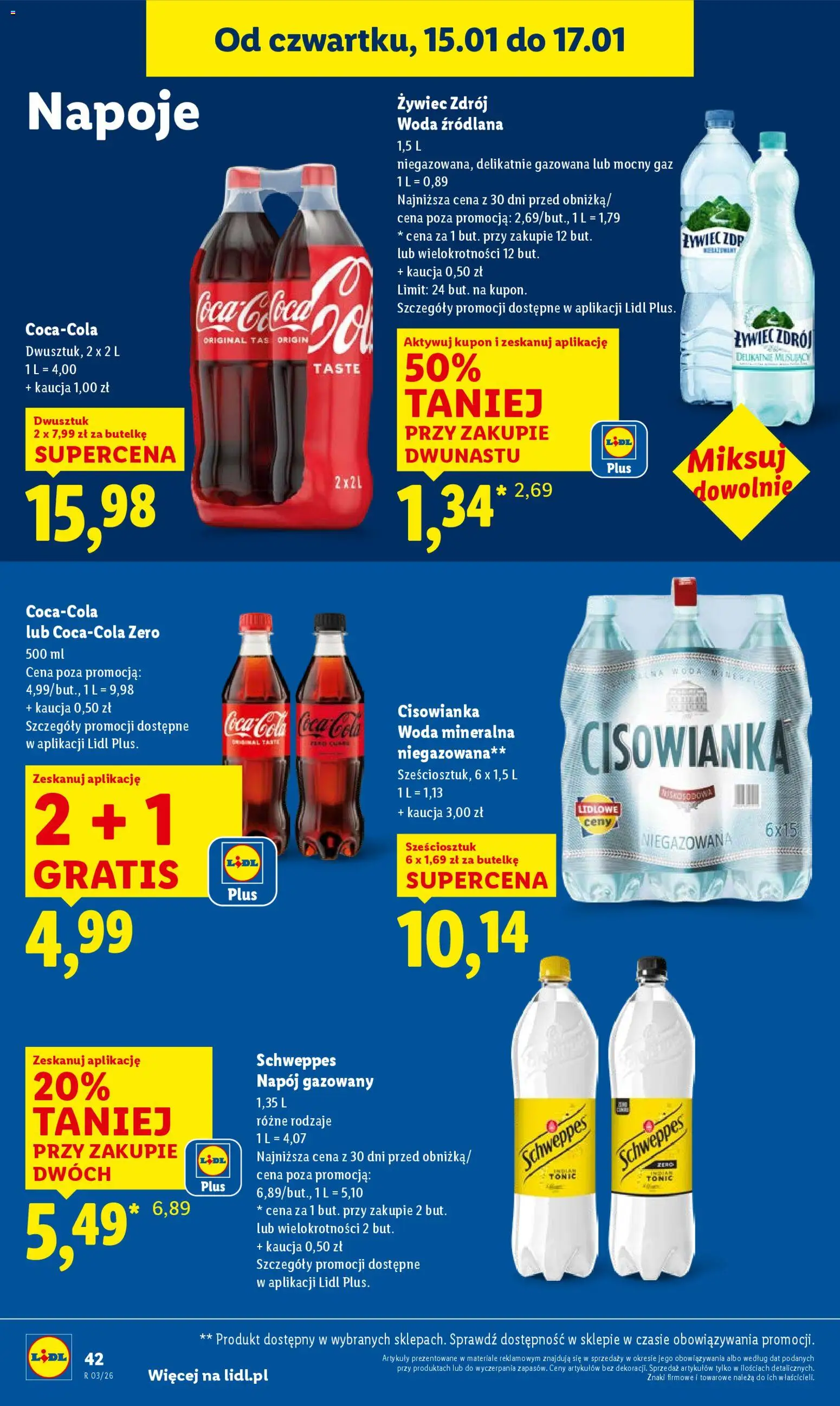 Lidl Gazetka od 15.01.2026 | Strona: 42 | Produkty: Napoje, Woda źródlana, Coca cola, Woda