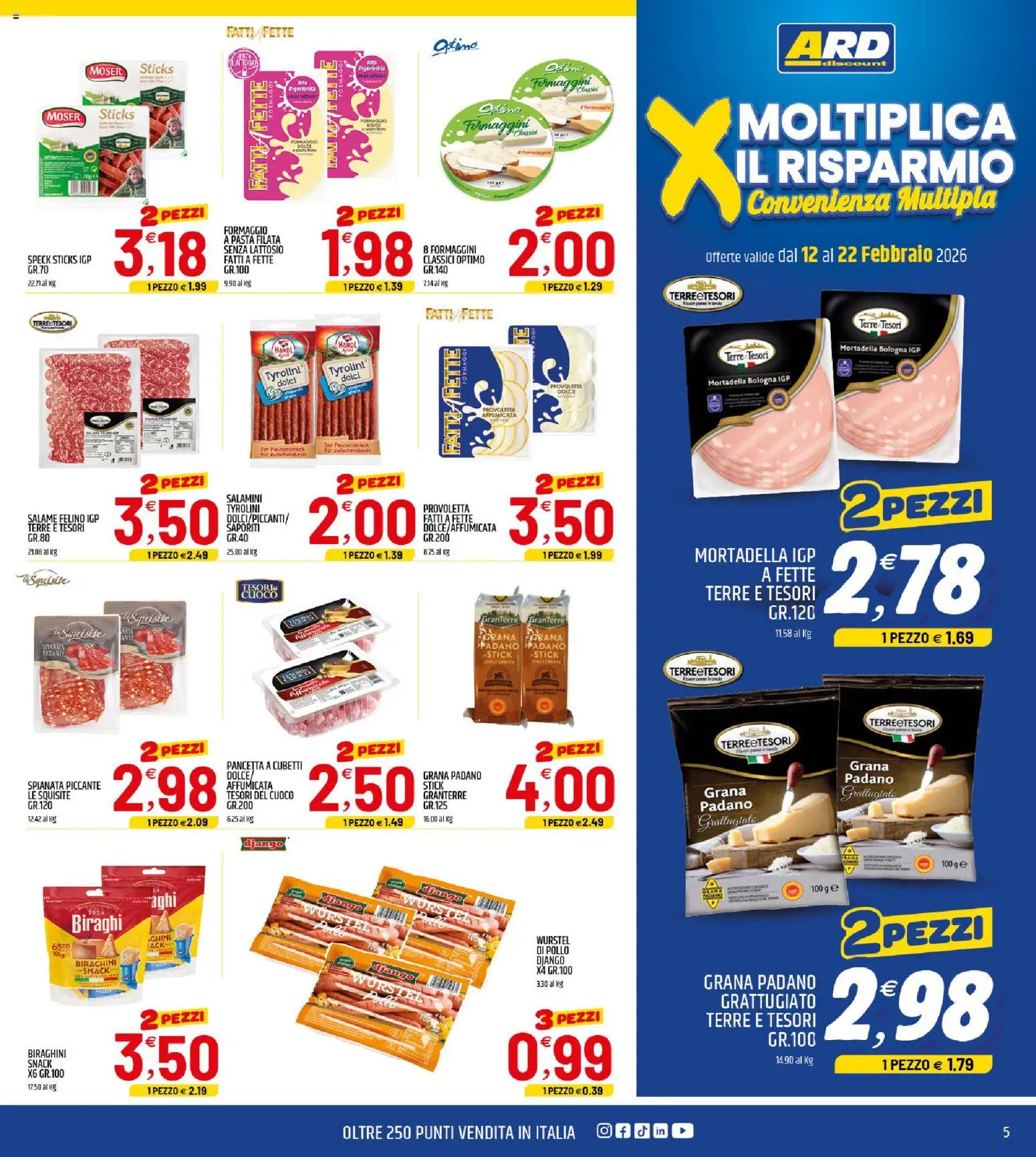 Volantino ARD Discount del 12.02.2026 | Pagina: 5 | Prodotti: Pollo, Formaggio, Pasta, Grana Padano