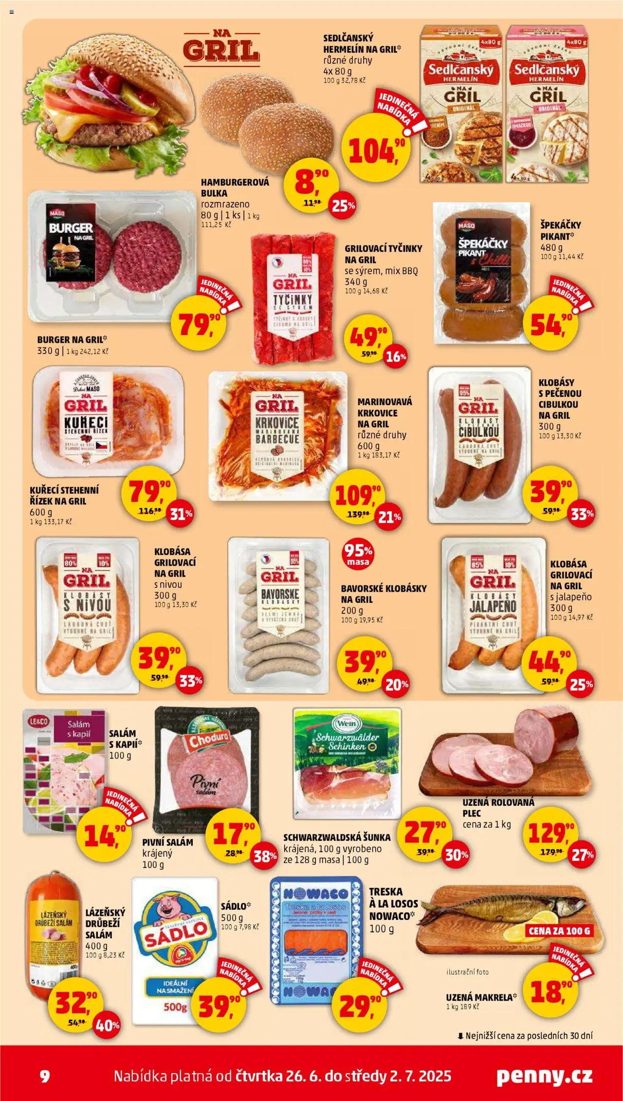 Penny Market leták - Čtvrtečník od 26.06.2025 | Strana: 9 | Produkty: Šunka, Makrela, Maso, Klobásky