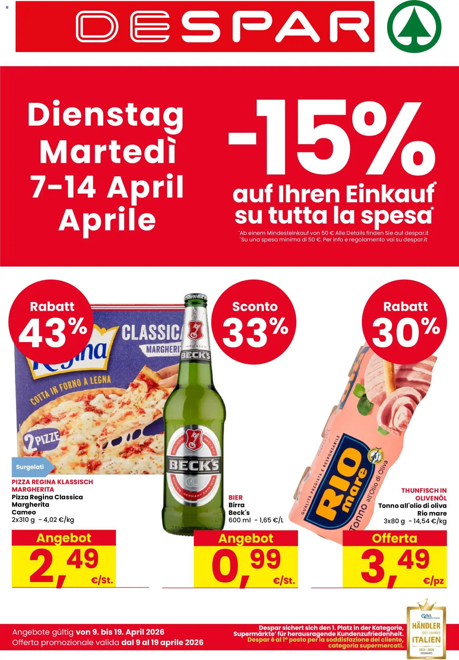 Volantino Despar del 09.04.2026 | Pagina: 1 | Prodotti: Pizza, Birra, Tonno, Forno