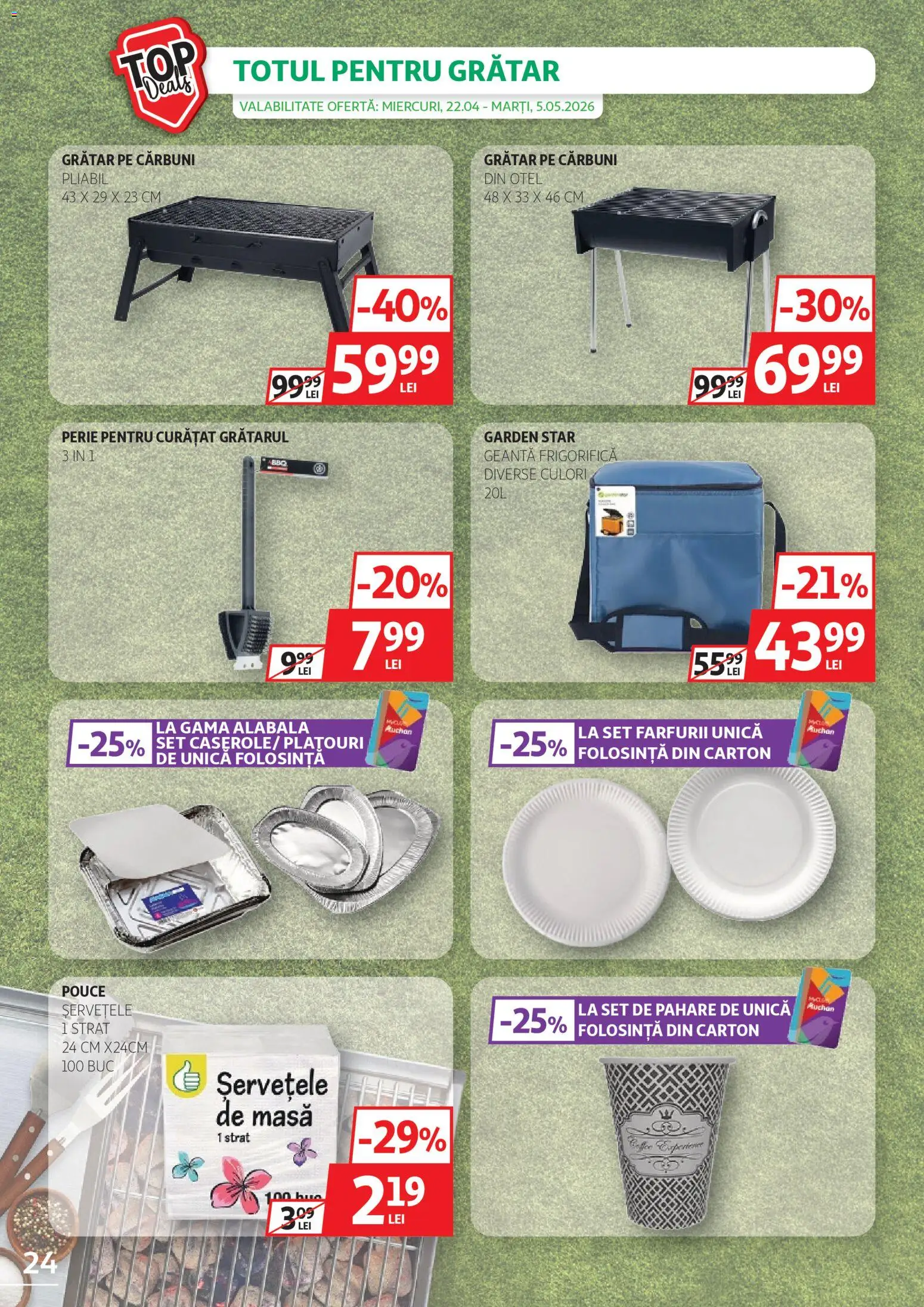 Noul catalog Auchan – valabil de la 22.04.2026 | Pagină: 24 | Produse: Geantă, Pahare, Masă, Perie