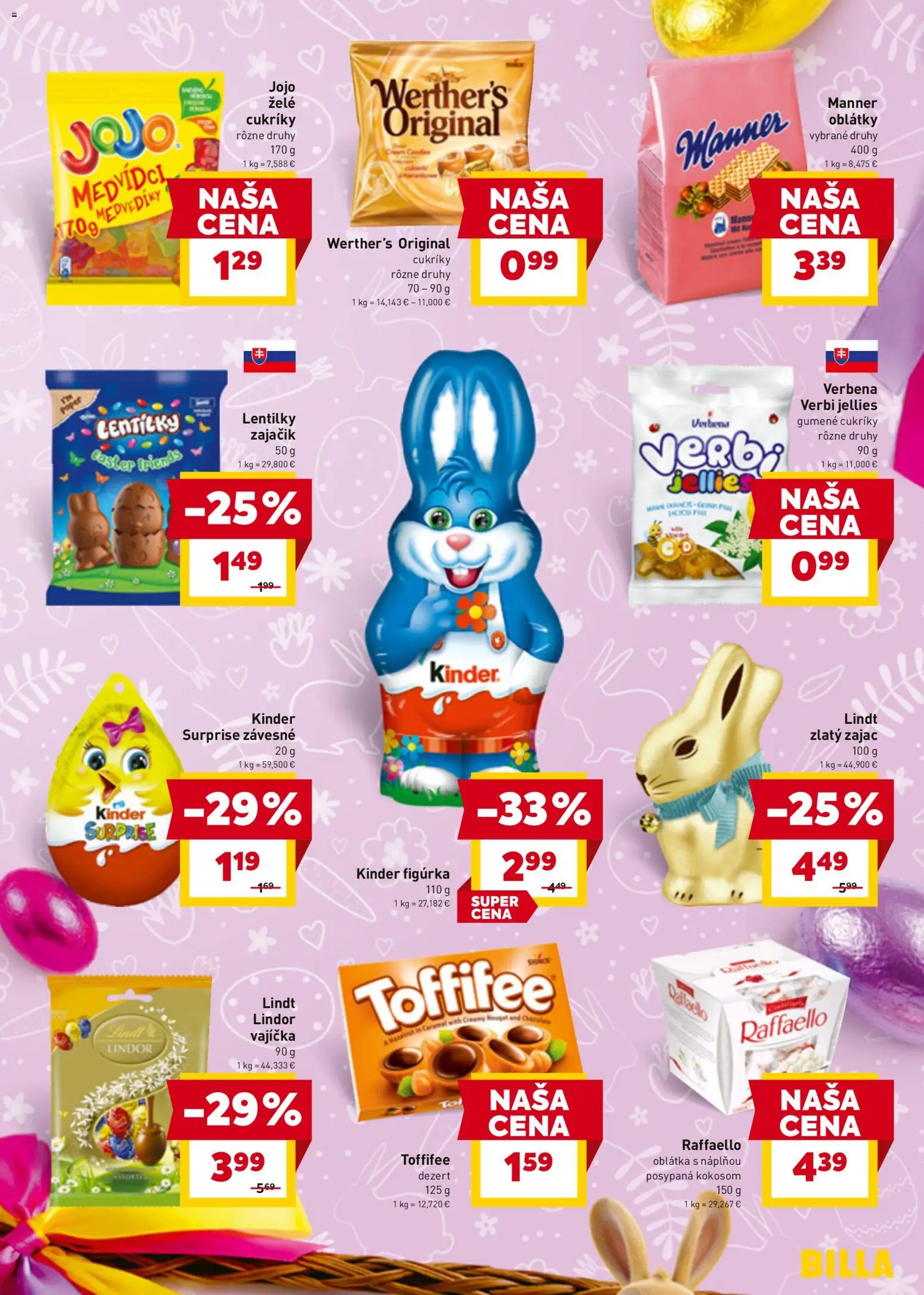 Nové Billa akcie – leták je platný od 25.03.2026 | Strana: 19 | Produkty: Lindt, Kinder Surprise, Toffifee, Cukríky