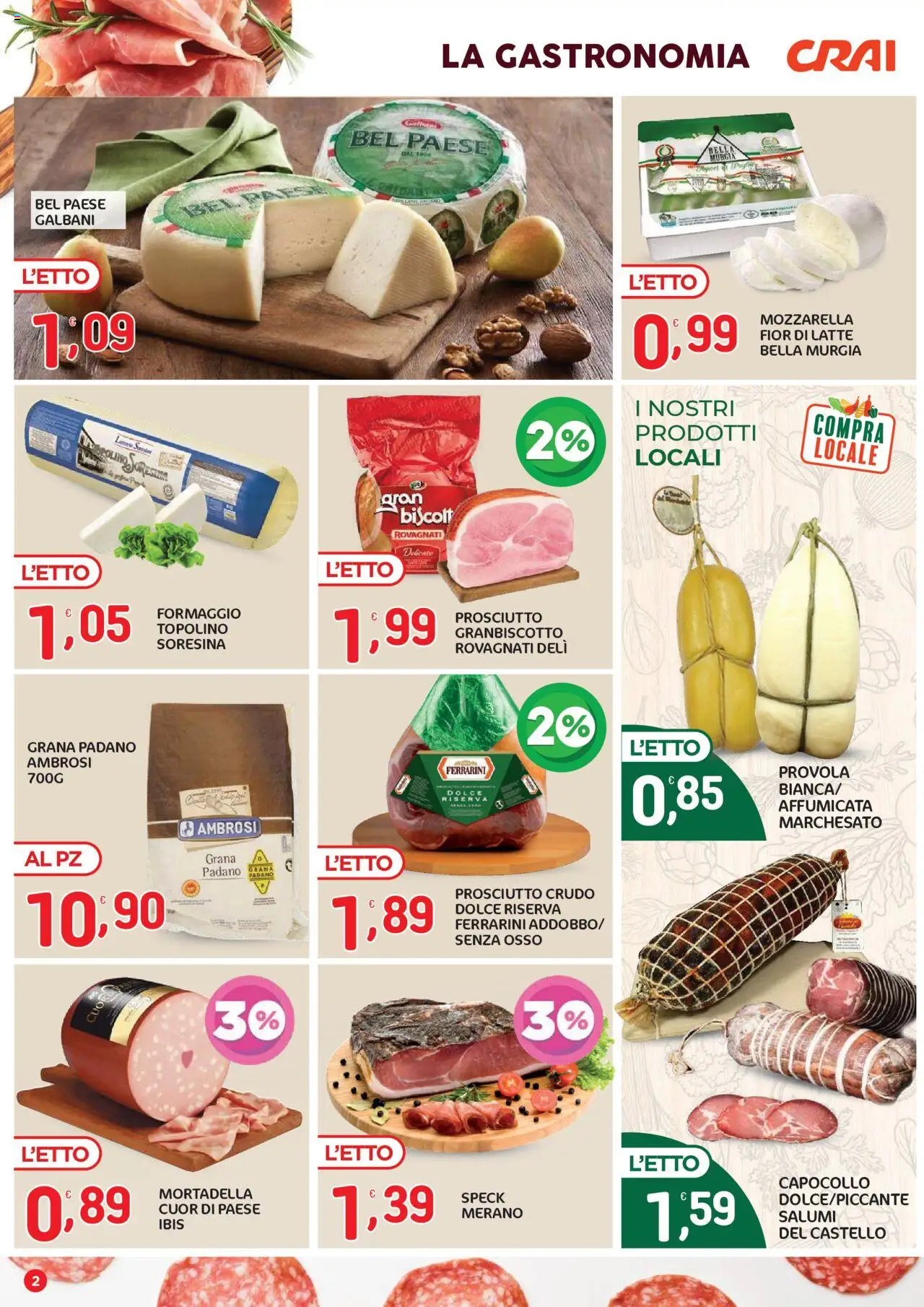 Volantino CRAI del 21.08.2025 | Pagina: 2 | Prodotti: Mozzarella, Formaggio, Prosciutto, Grana Padano