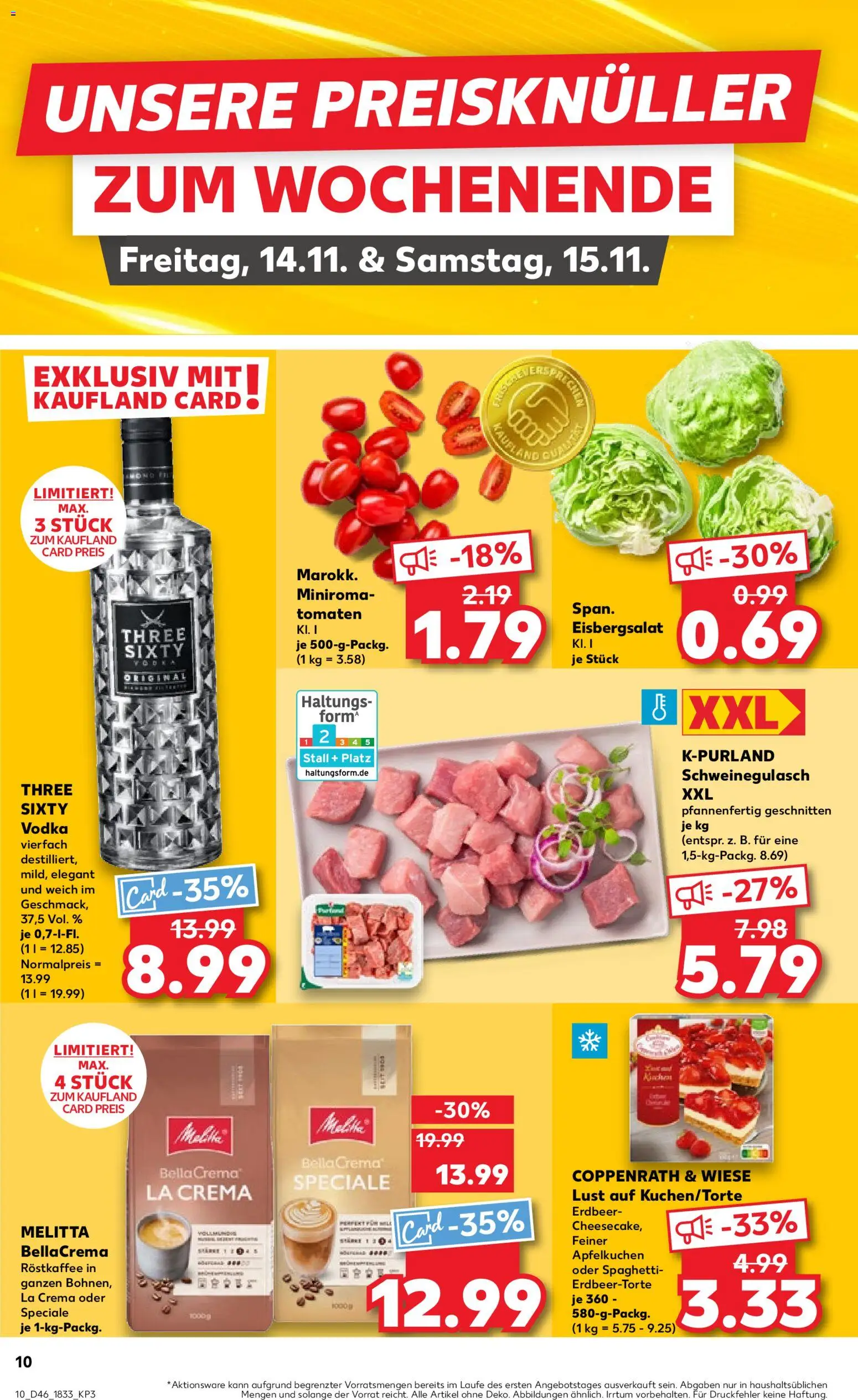 Kaufland prospekt Bremen	 – gültig ab 13.11.2025 | Seite: 10 | Produkte: Schweinegulasch, Melitta, Eisbergsalat, Vodka