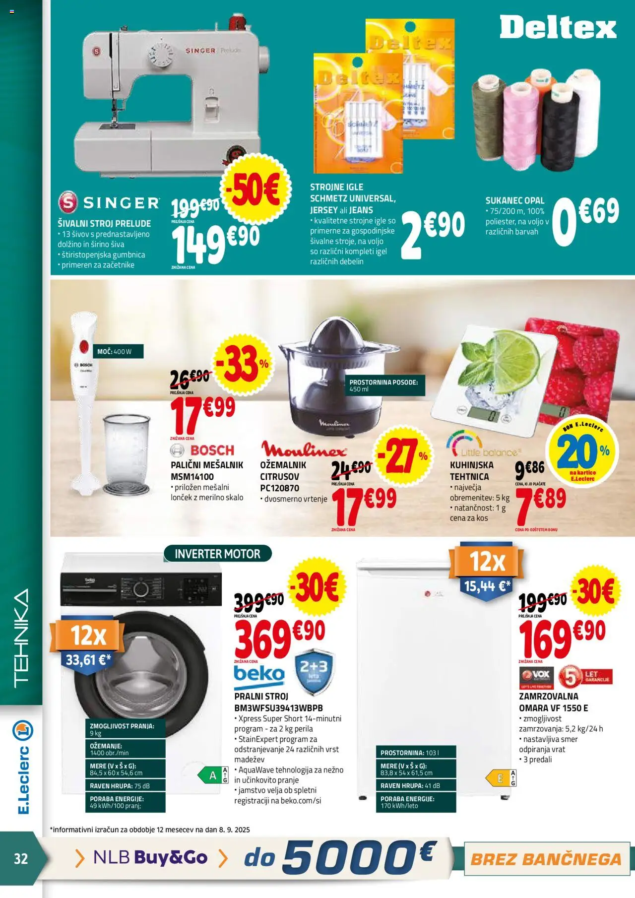 Novi E.leclerc katalog ponudbe – veljaven od 17.09.2025 | Stran: 32 | Izdelki: Sivalni stroj, Omara, Kos, Tehtnica
