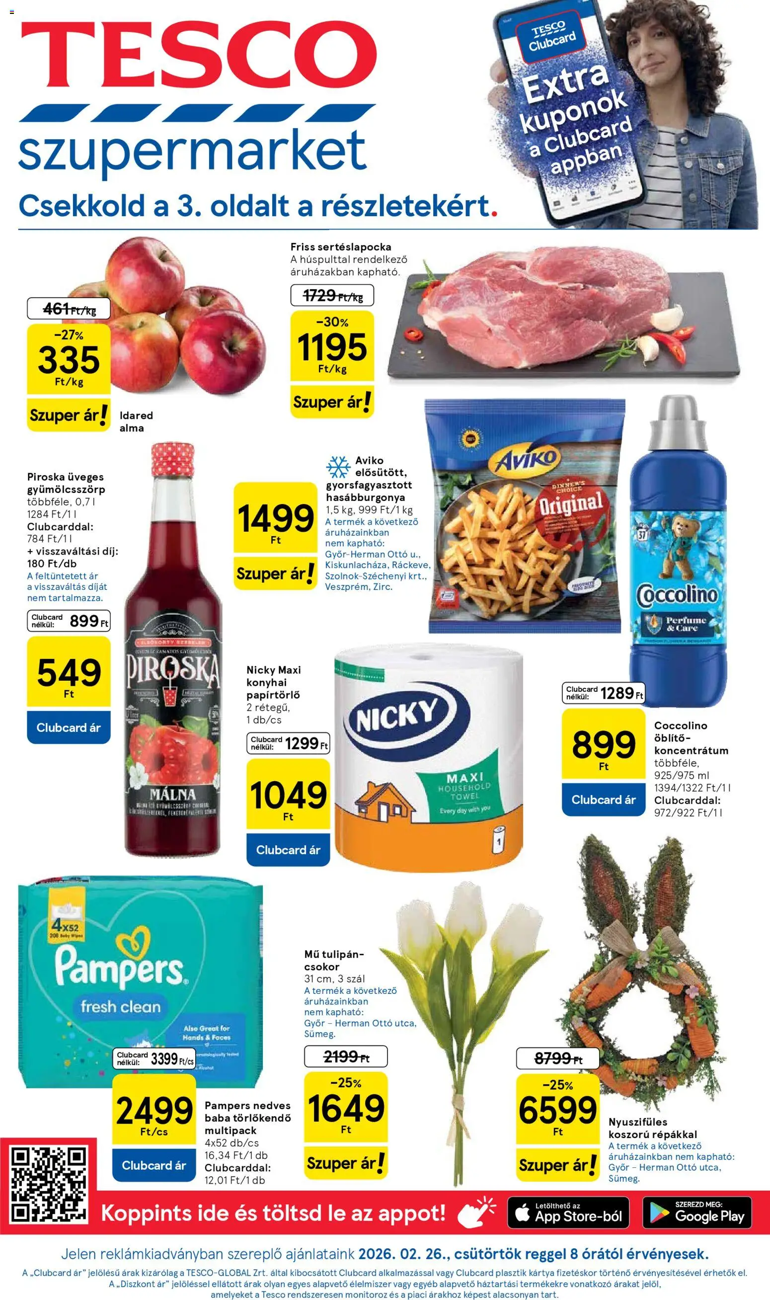 Tesco akciós ujság - amely érvényes a következő dátumtól: 26.02.2026 | Oldal: 1 | Termékek: Pampers, Málna, Papírtörlő, Törlőkendő