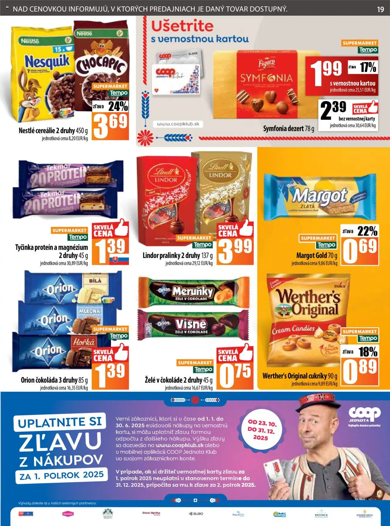 Nové COOP Jednota akcie – leták je platný od 09.10.2025 | Strana: 19 | Produkty: Protein, Lindt, Chocapic, Cukríky