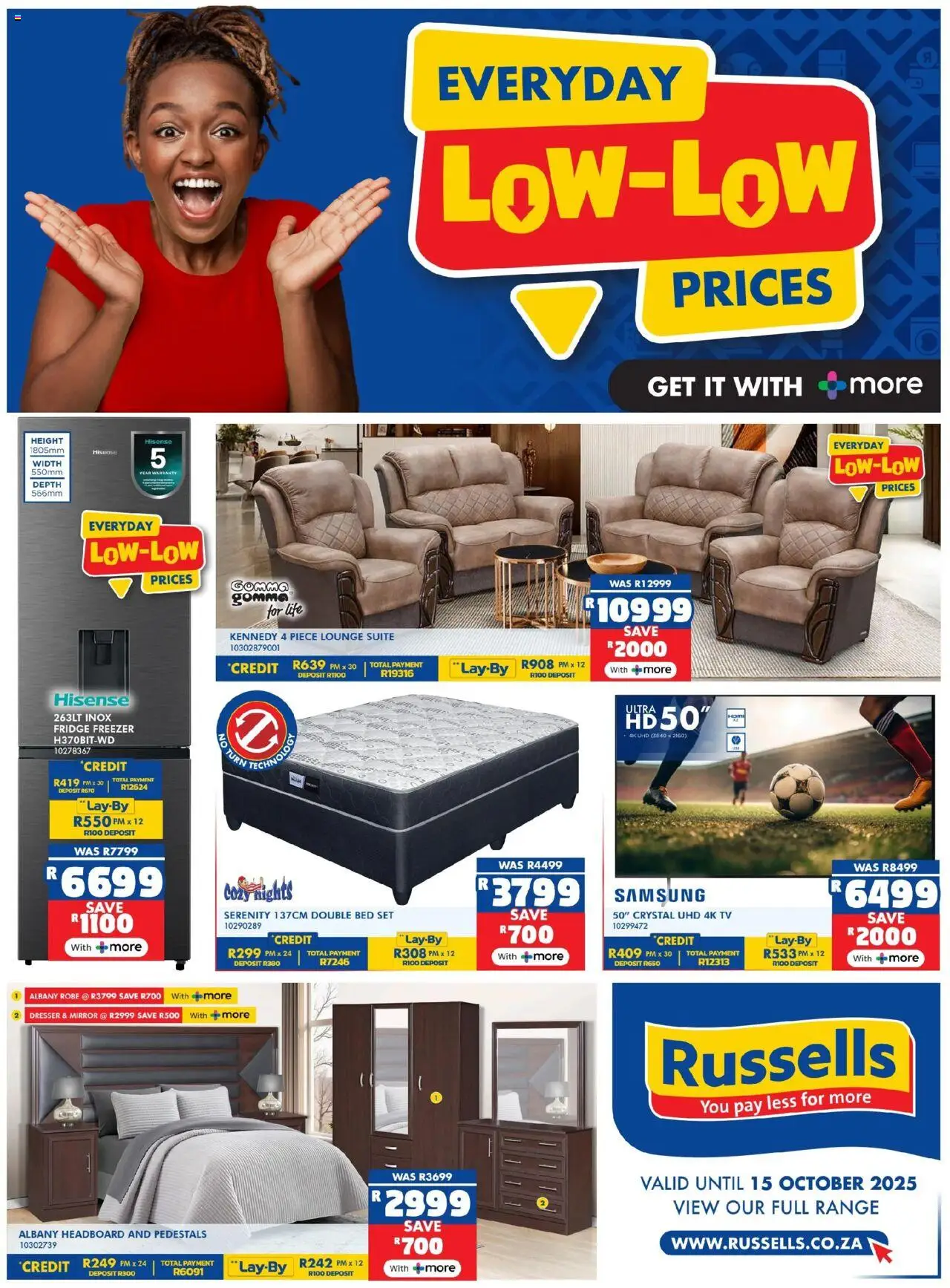 New Russells catalogue – valid from 18.09.2025 | Page: 1 | Products: Freezer, Double bed, Bed, Lounge suite