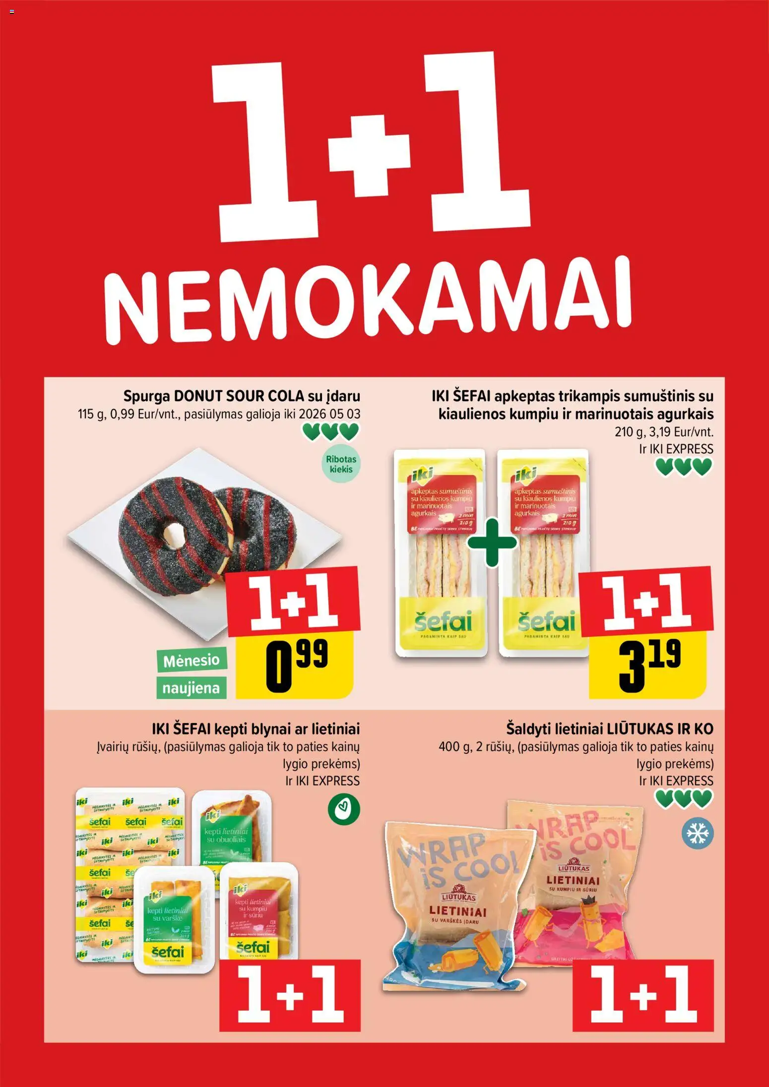 IKI akcijos nuo 06.04.2026 | Puslapis: 1 | Prekių: Kiaulienos, Spurga, Sumuštinis, Varškė