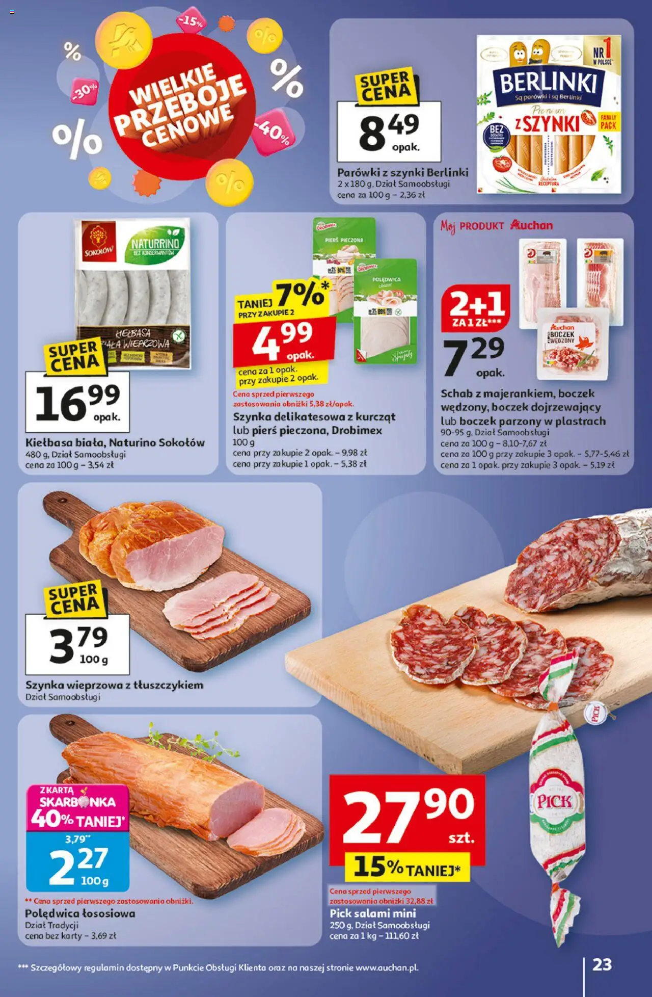 Auchan Gazetka - Wielkie przeboje cenowe Hipermarket od 02.10.2025 | Strona: 23 | Produkty: Schab, Parówki z szynki, Szynka, Boczek
