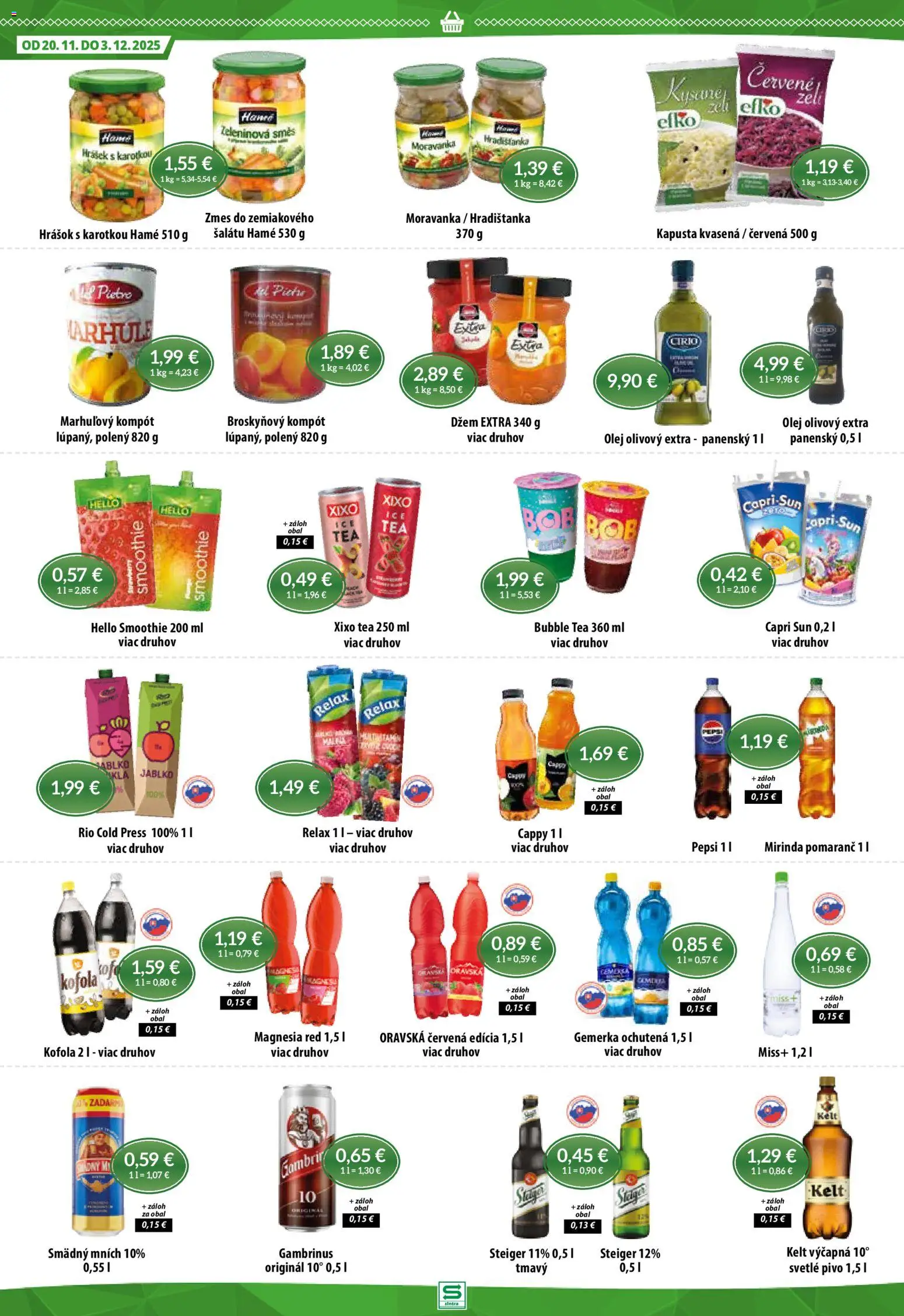 Nové Sintra akcie – leták je platný od 20.11.2025 | Strana: 8 | Produkty: Olej, Kelt, Broskyňový kompót, Magnesia