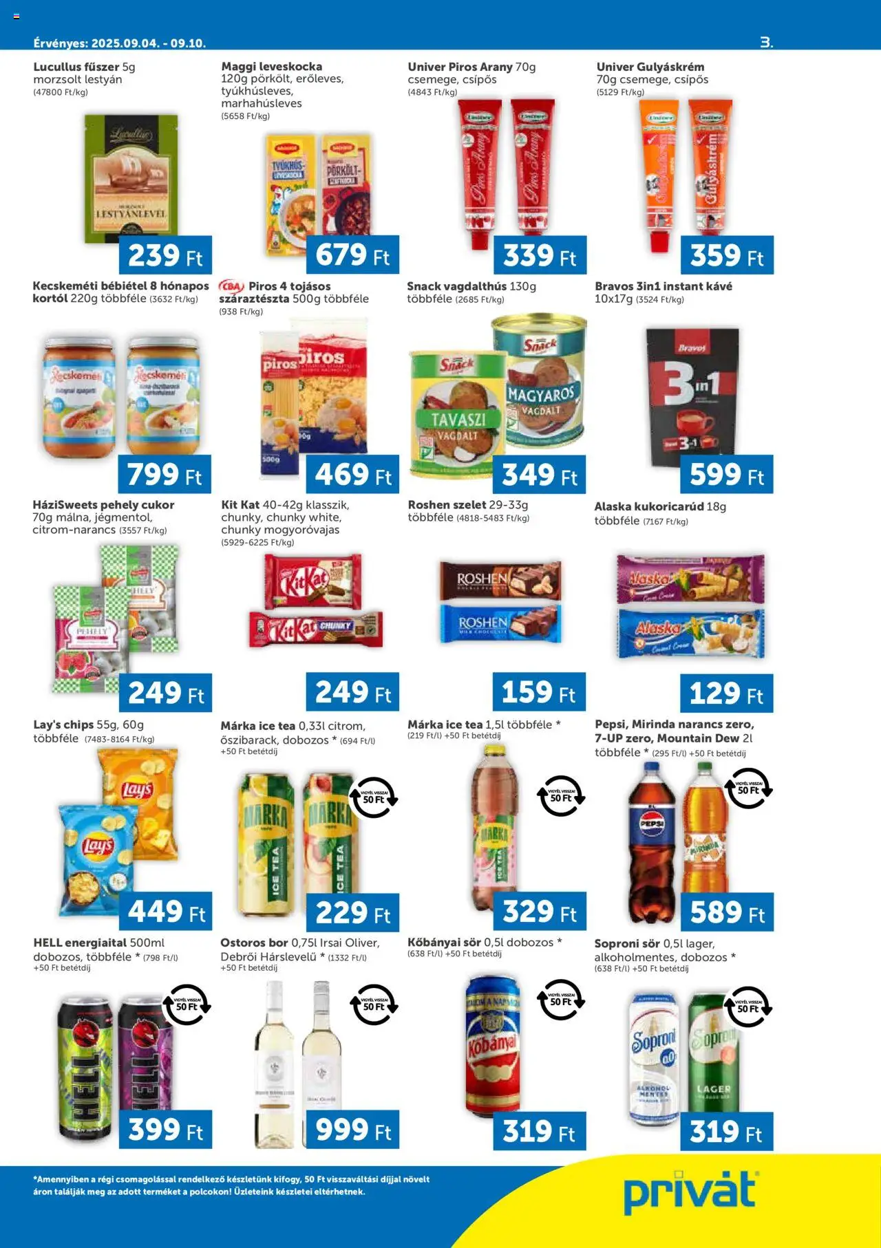 PRIVÁT akciós ujság - amely érvényes a következő dátumtól: 04.09.2025 | Oldal: 3 | Termékek: Chips, Maggi, Száraztészta, Fűszer