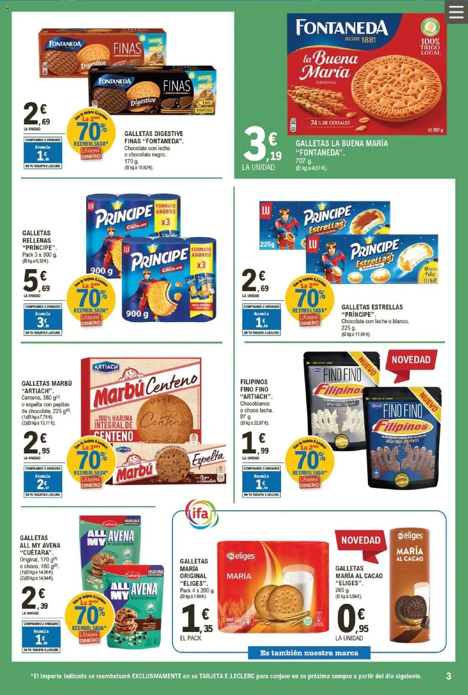 E.Leclerc folleto │ válido desde el 07.01.2026 | Página: 3 | Productos: Leche, Chocolate, Cereales, Φρυγανιές σικάλεως