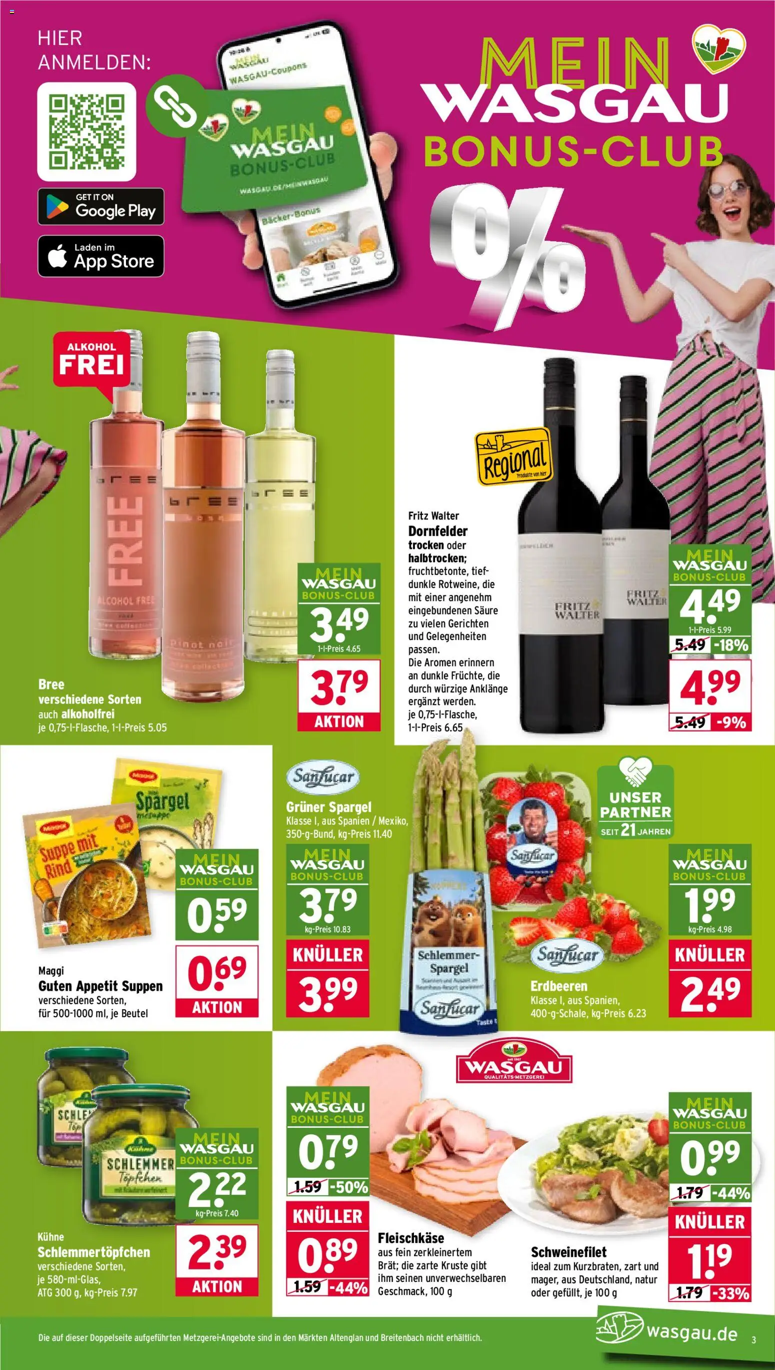 Wasgau Prospekt 	 – gültig ab 20.04.2026 | Seite: 3 | Produkte: Bree, Spargel, Schweinefilet, Erdbeeren