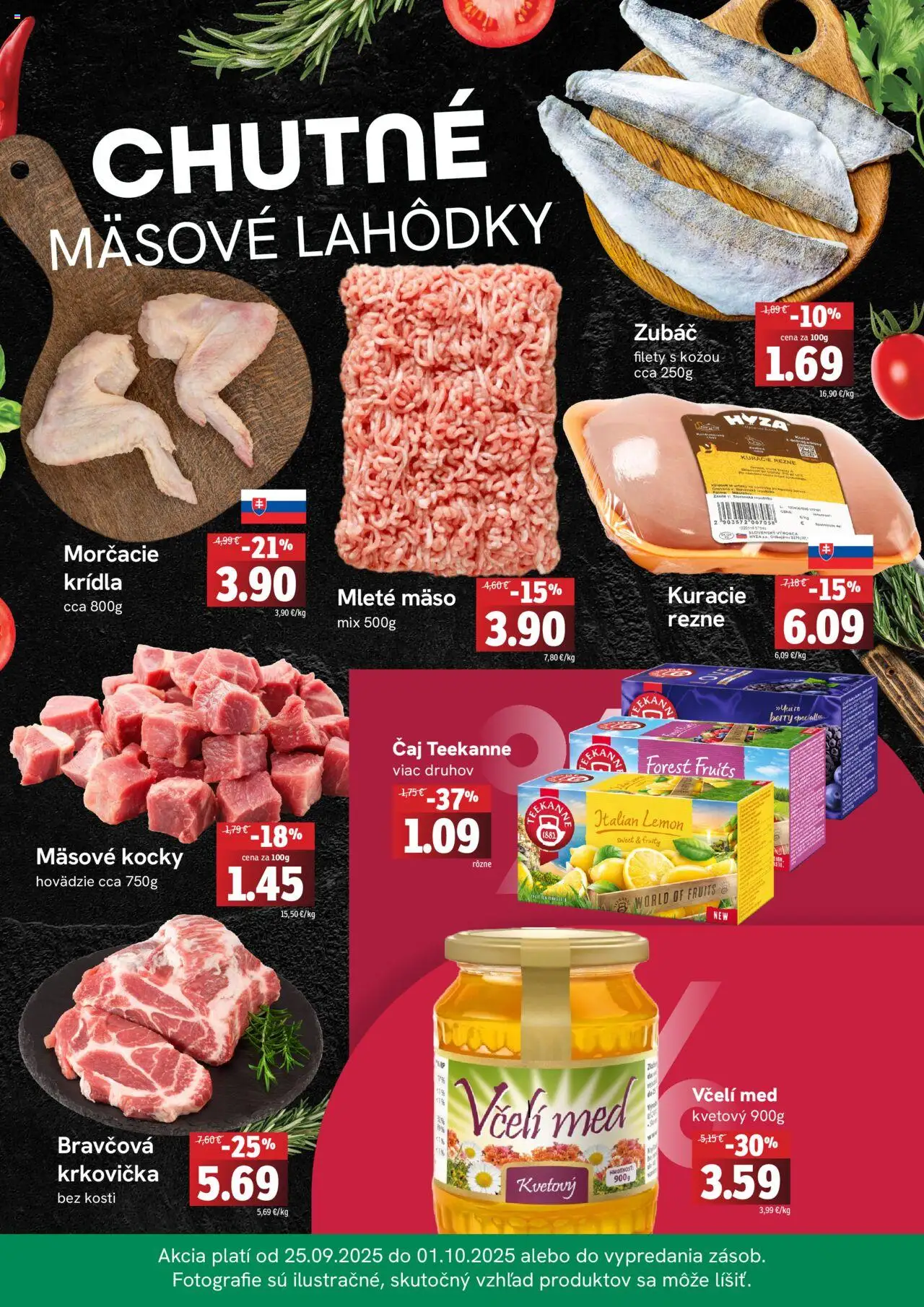 Nové Fresh akcie – leták je platný od 25.09.2025 | Strana: 2 | Produkty: Čaj, Krkovička, Mleté mäso, Med