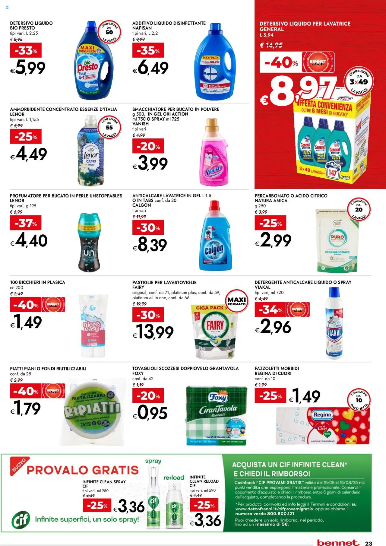Volantino bennet del 31.07.2025 | Pagina: 23 | Prodotti: Detergente, Fazzoletti, Anticalcare, Lavatrice