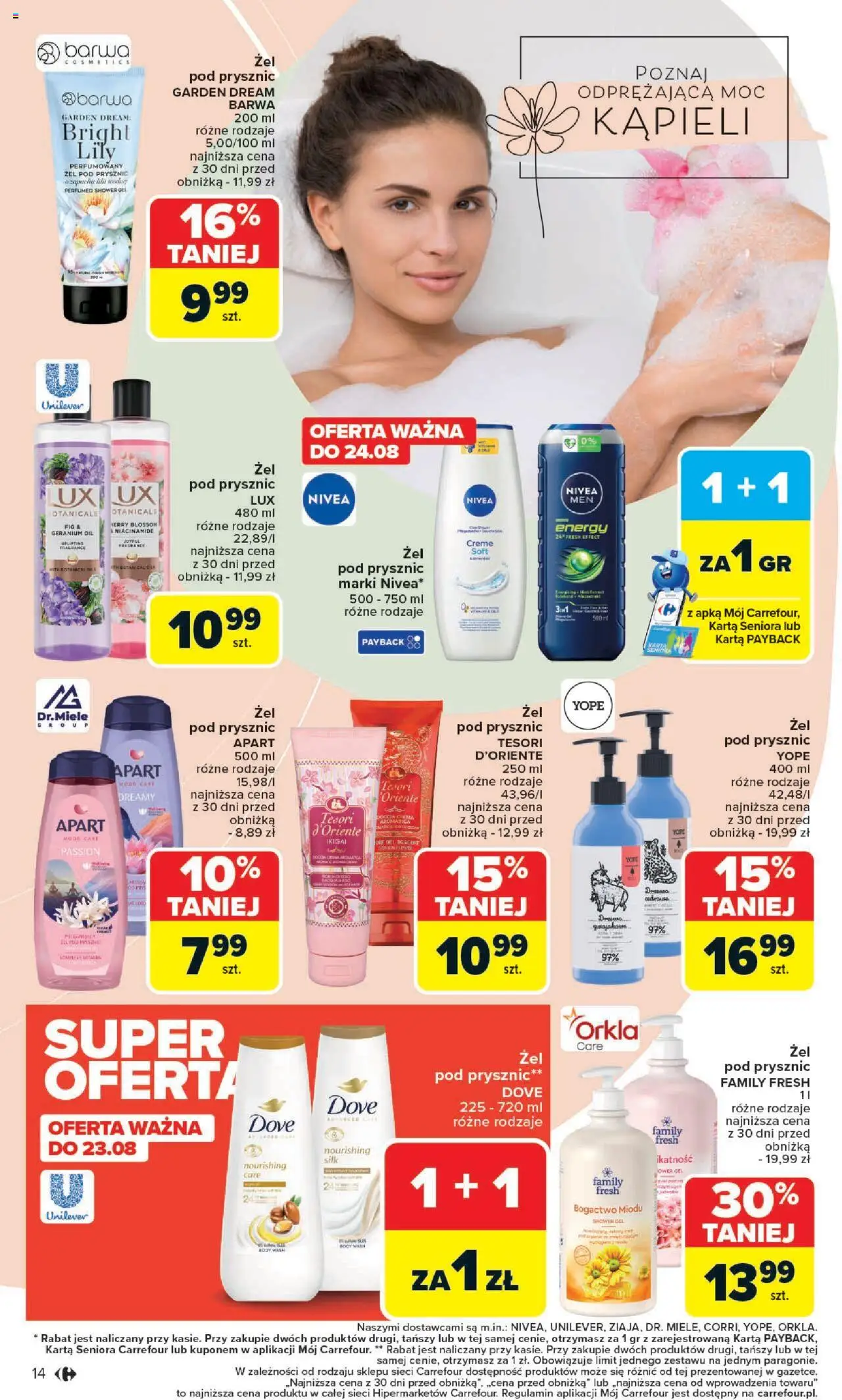 Carrefour Gazetka - Zadbać o siebie od 18.08.2025 | Strona: 14 | Produkty: Karta, Prysznic, Body, Żel pod prysznic