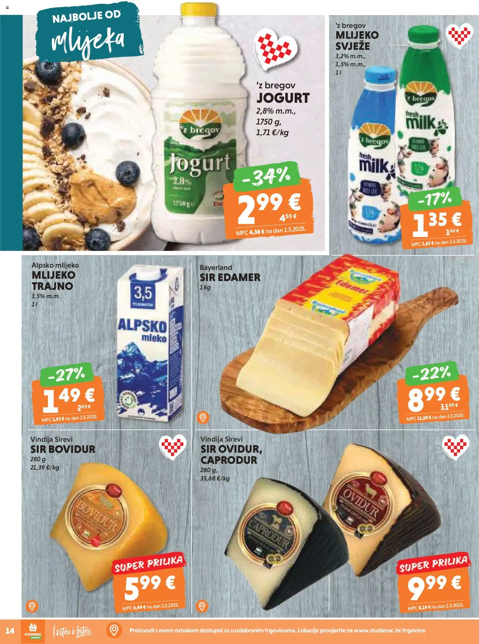 Studenac katalog | vrijedi od 12.11.2025 | Stranica: 14 | Proizvodi: Vindija, Sir, Jogurt, Alpsko mlijeko