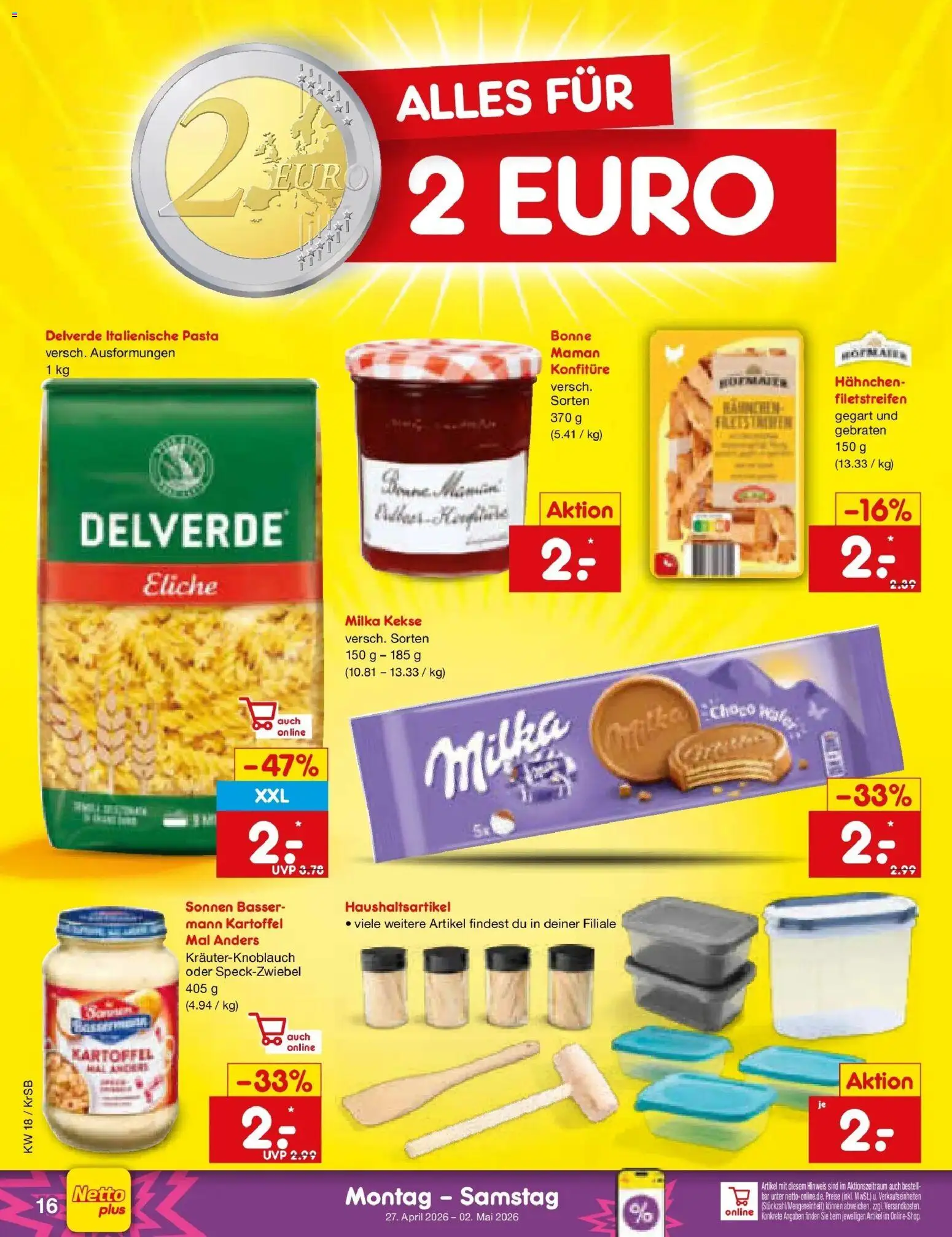 Netto Marken-Discount Prospekt Jüchen	 – gültig ab 27.04.2026 | Seite: 18 | Produkte: Hahnchen, Pasta, Kekse, Bonne maman