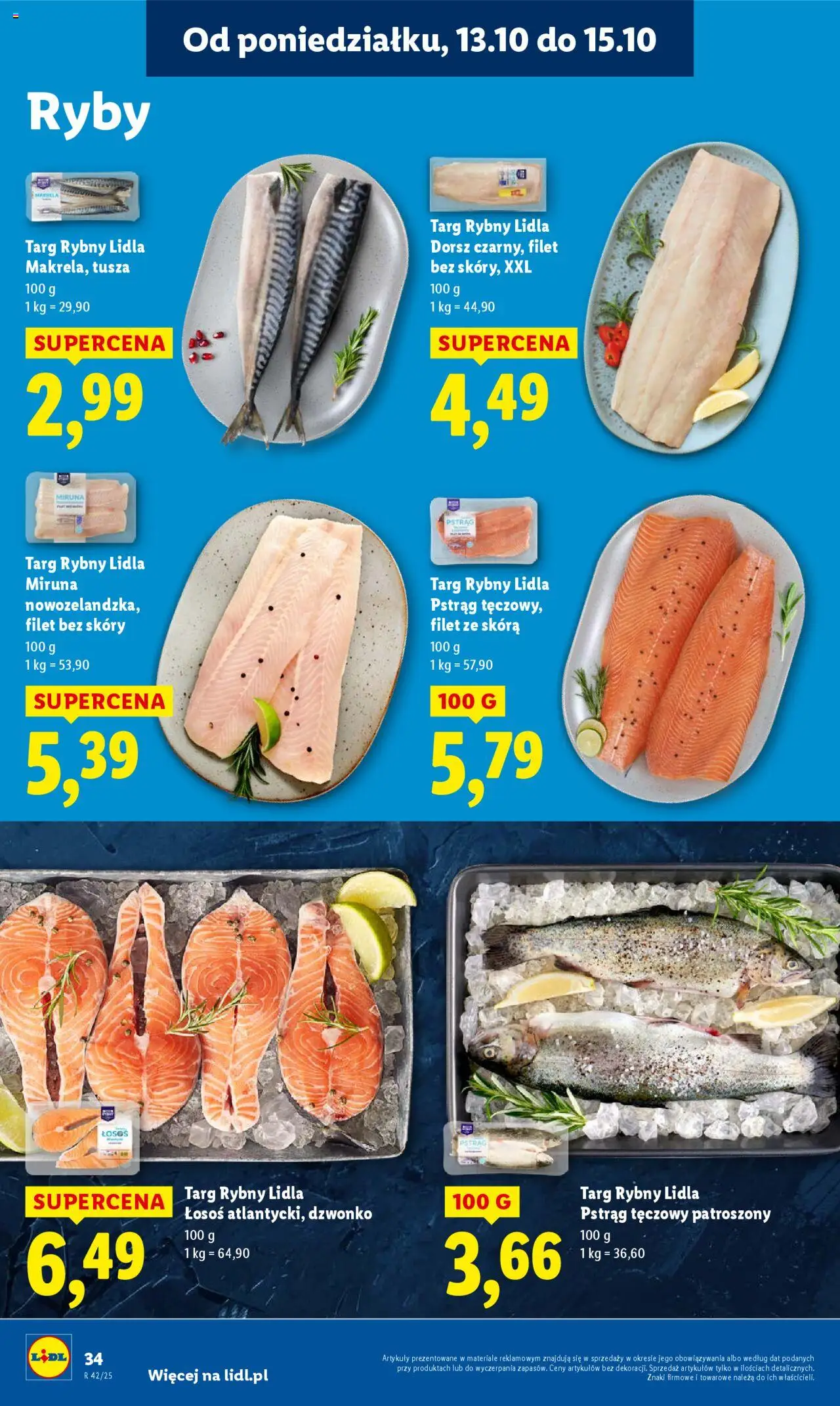 Lidl Gazetka od 13.10.2025 | Strona: 34 | Produkty: Pstrąg tęczowy, Miruna, Dorsz, Ryby