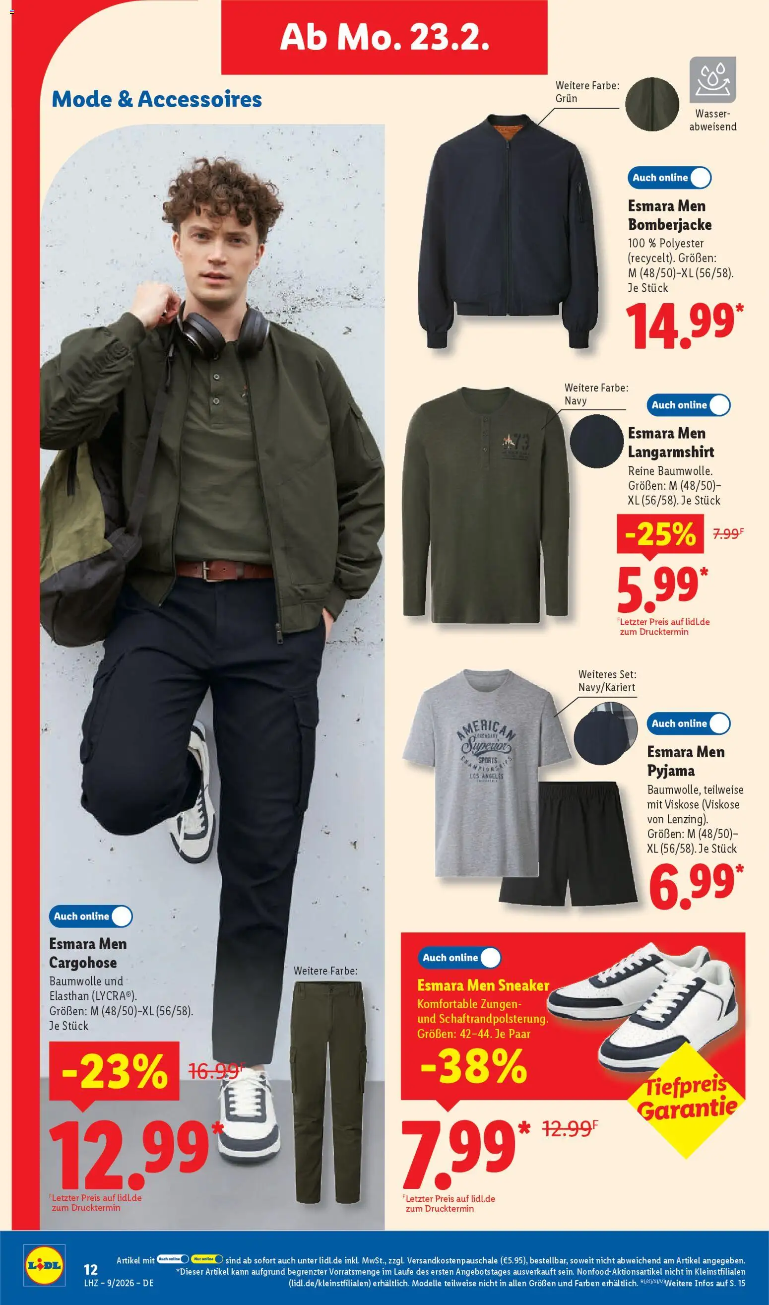 Lidl Prospekt Ochsenfurt – gültig ab 23.02.2026 | Seite: 22 | Produkte: Langarmshirt, Cargohose, Bomberjacke, Pyjama
