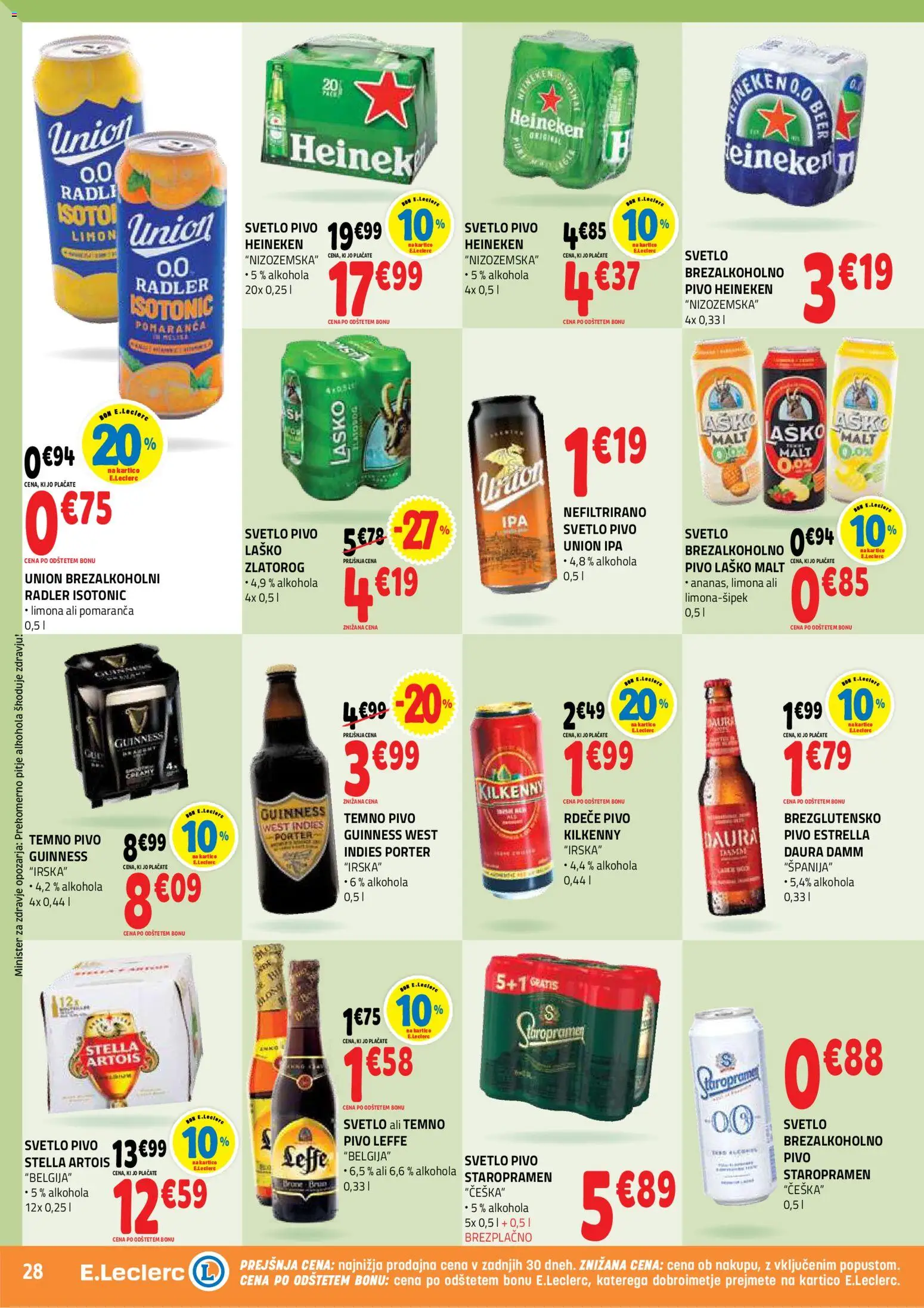 Novi E.leclerc katalog ponudbe – veljaven od 08.04.2026 | Stran: 28 | Izdelki: Falafel, Radler, Pivo, Limona
