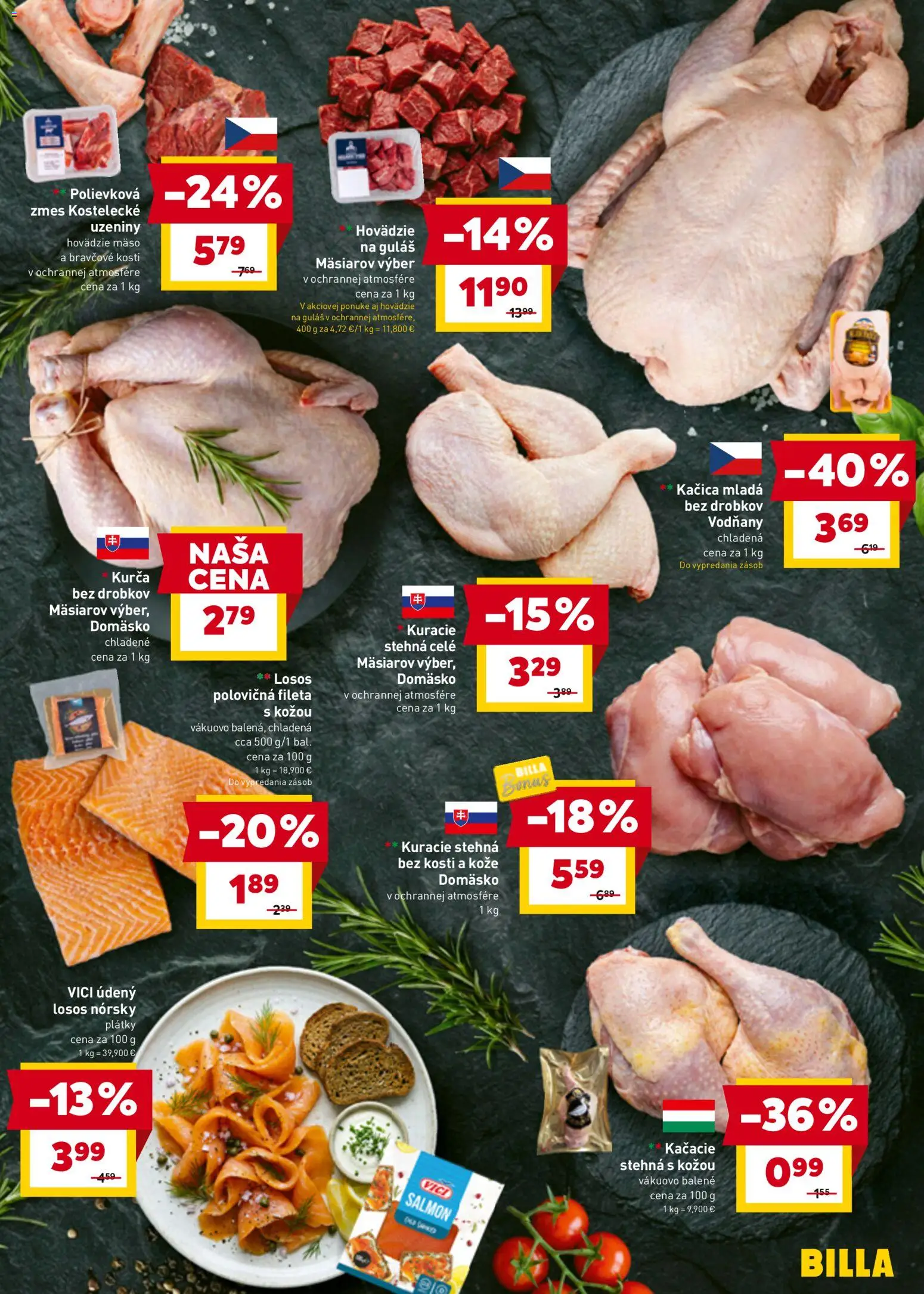 Nové Billa akcie – leták je platný od 25.03.2026 | Strana: 7 | Produkty: Kačacie stehná, Hovädzie mäso, Kačica, Losos