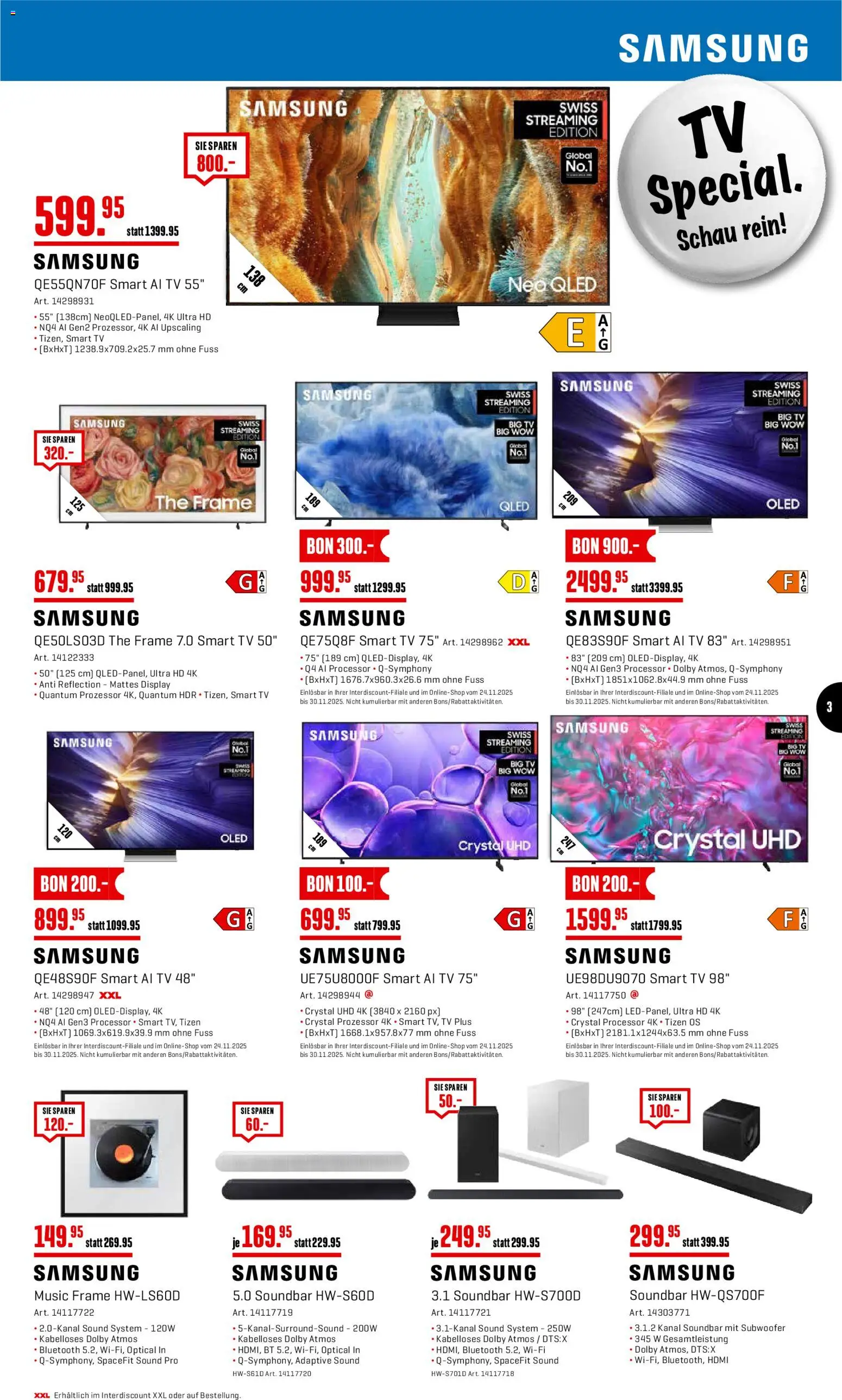 Interdiscount Aktionen – gültig ab 24.11.2025 | Seite: 3 | Produkte: Soundbar, TV, Samsung
