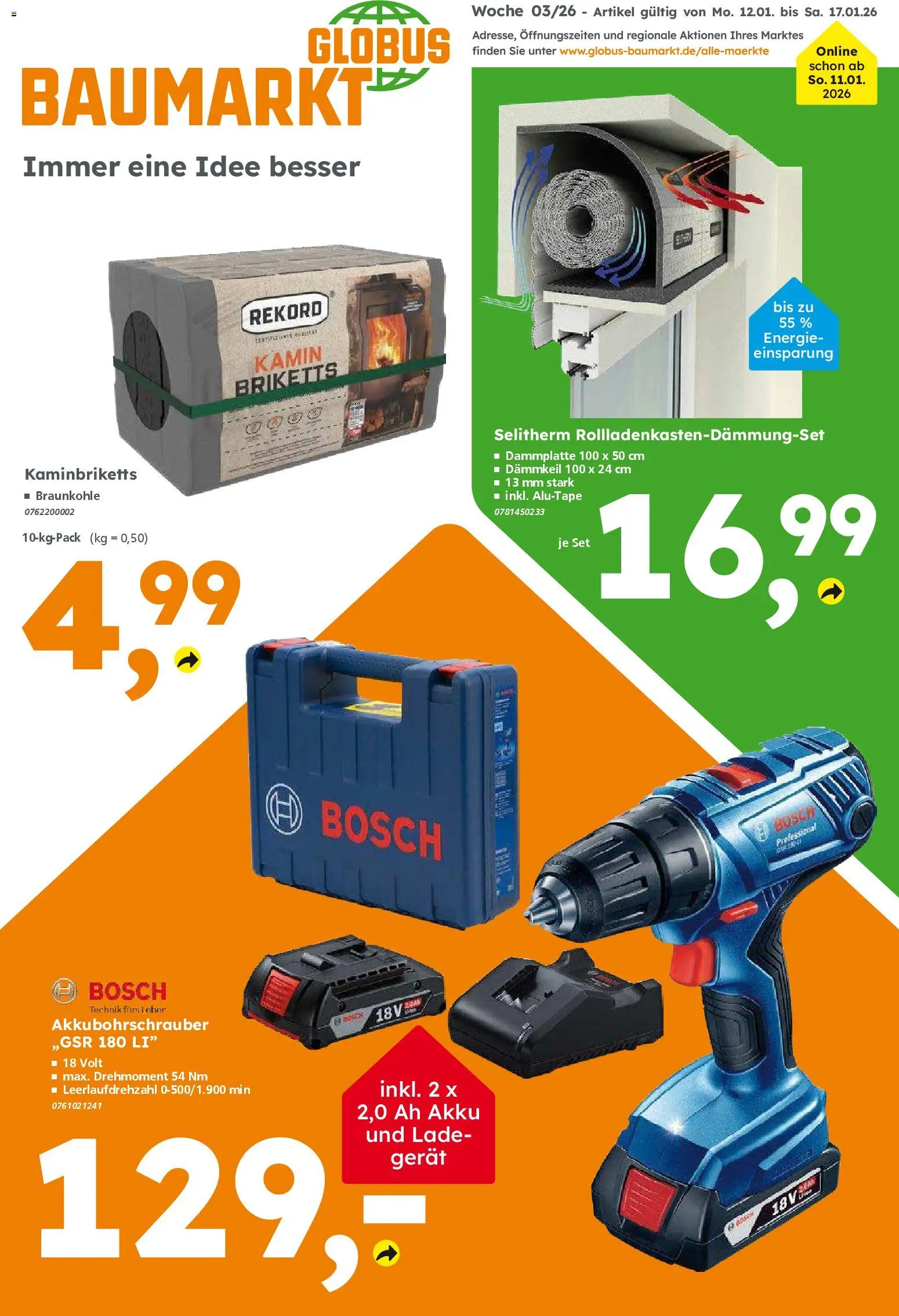 Globus Baumarkt Prospekt 	 – gültig ab 12.01.2026 | Seite: 1 | Produkte: Bosch, Kamin